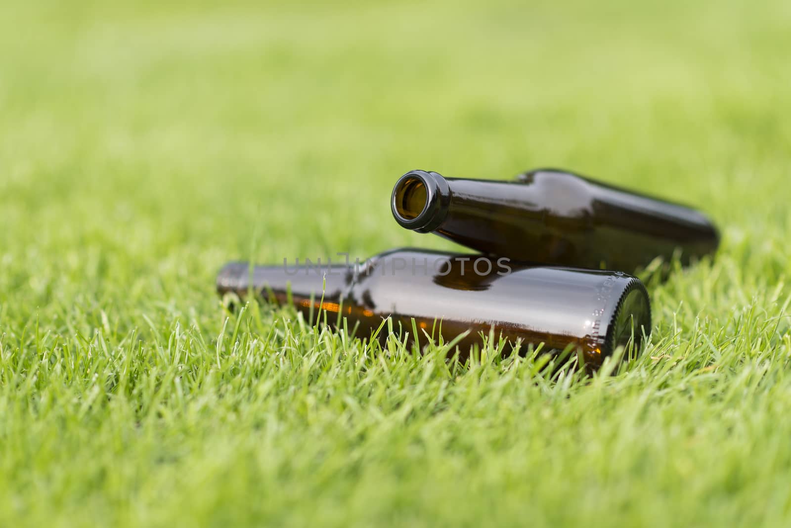 Empty beer bottles in a grass field with a vague background
