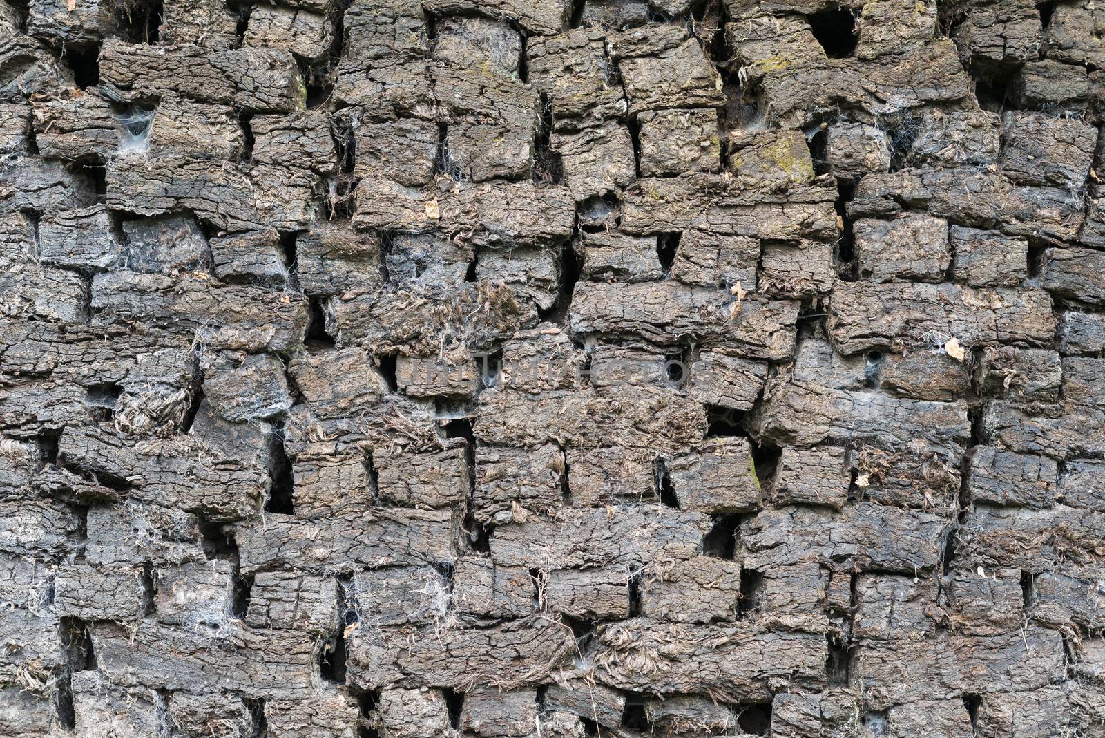 Authentic stacked peat blocks as old-fashioned fossil fuel
