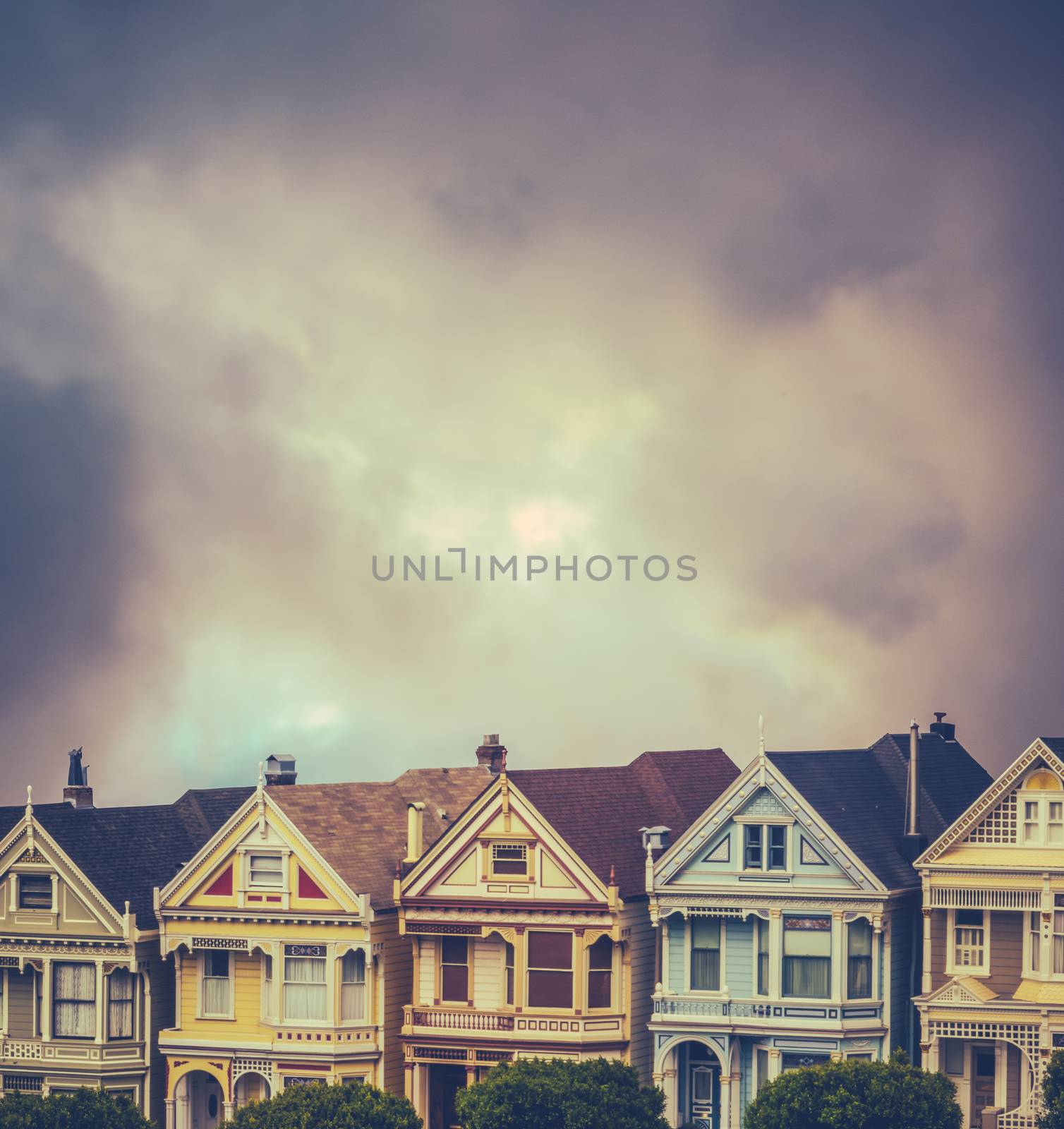 Beautiful Victorian Terrace Houses With Stormy Sky And Copy Space