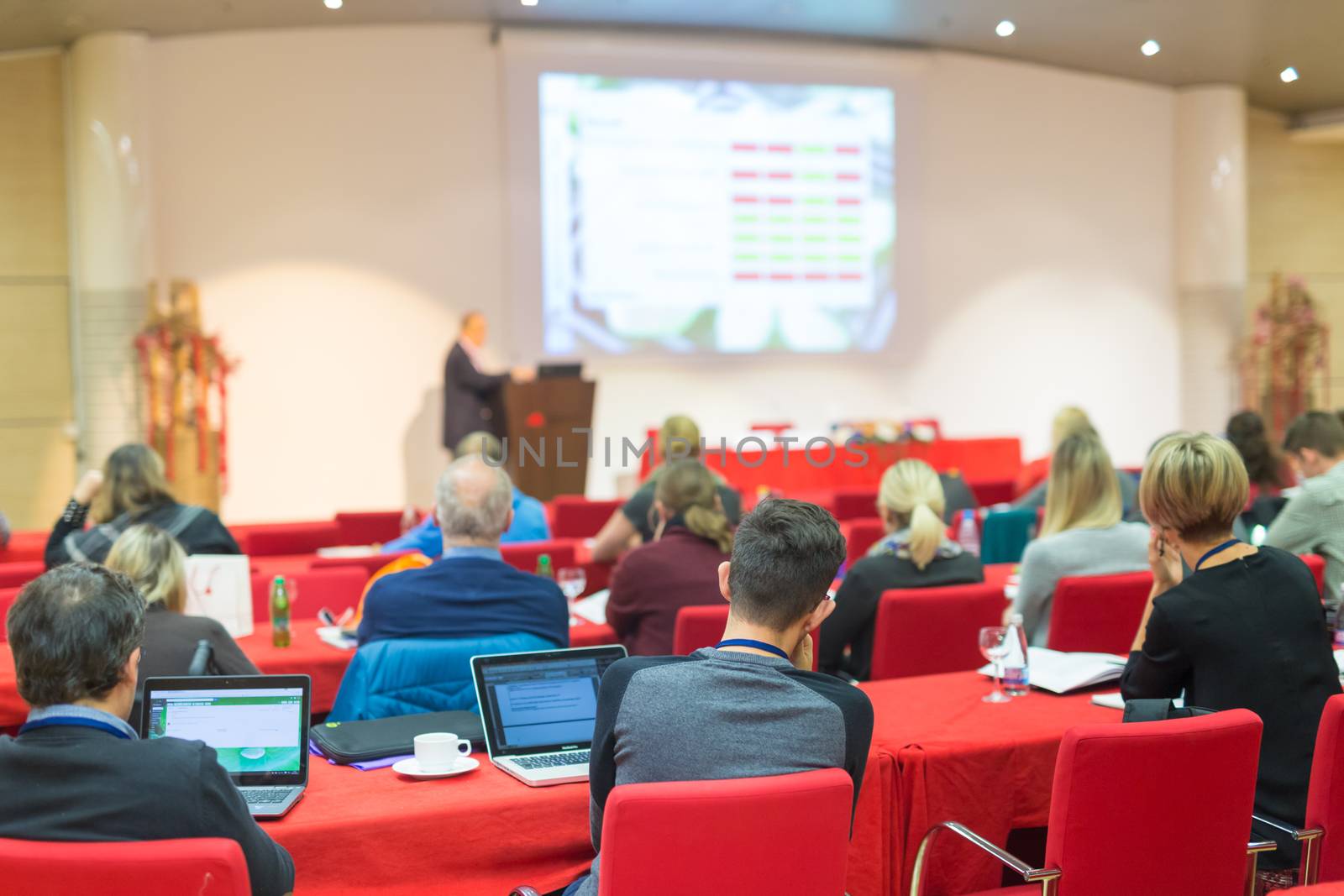 Speaker Giving a Talk at Business Meeting. Audience in the conference hall. Business and Entrepreneurship. Focus on unrecognizable people from rear.