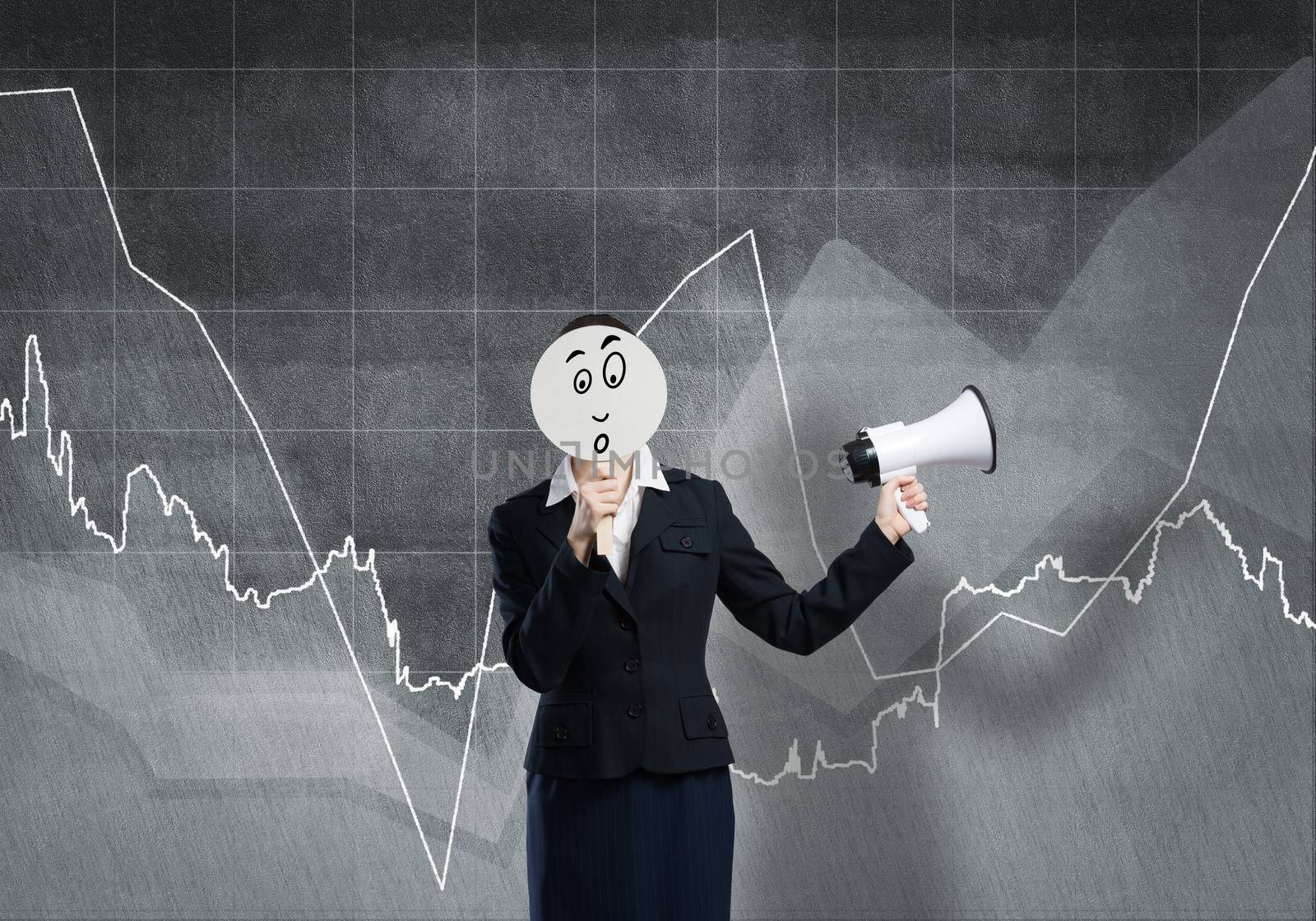 Unrecognizable businesswoman with megaphone and diagrams at background