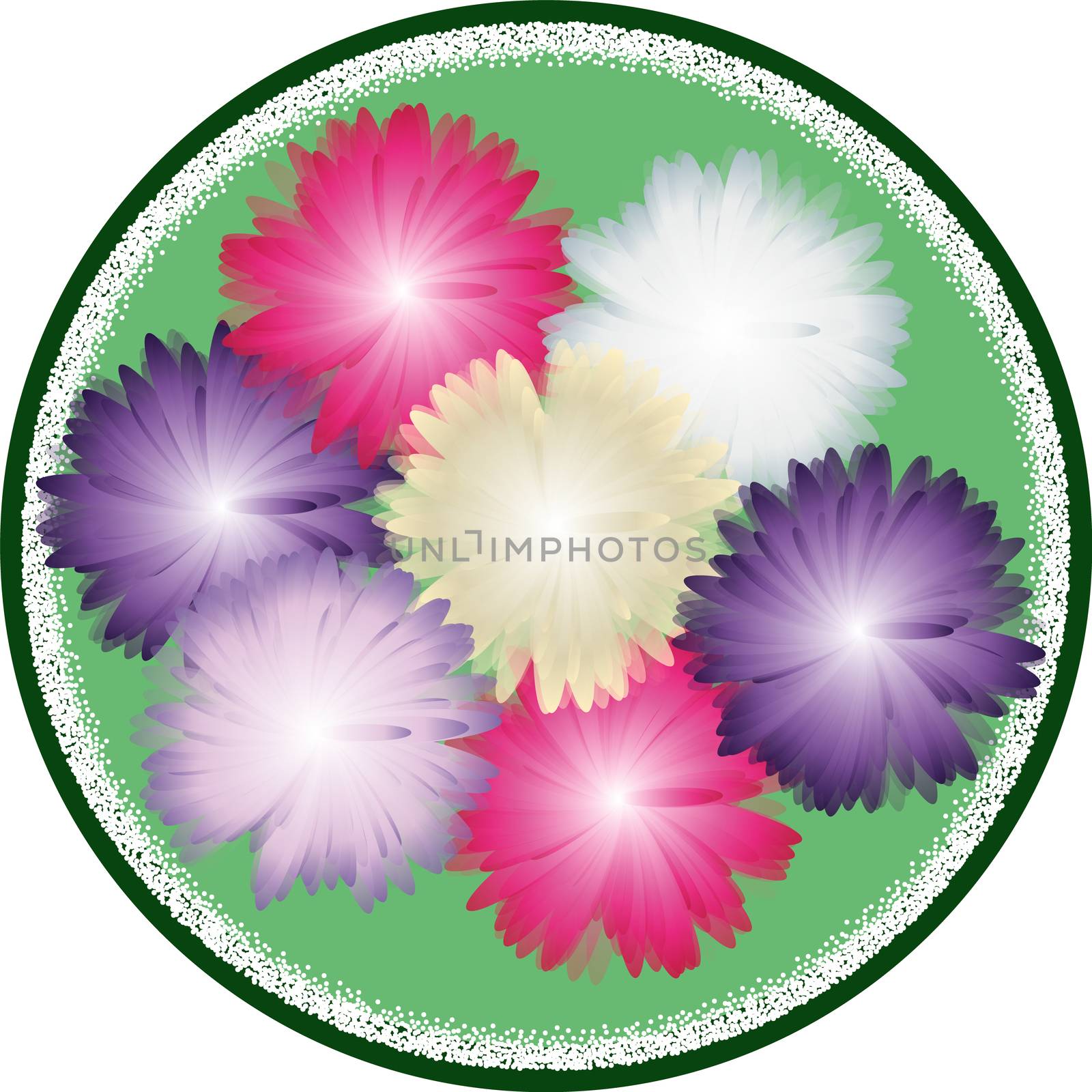 Autumn bouquet from asters in gentle tones inside green circle. Top view. greeting card