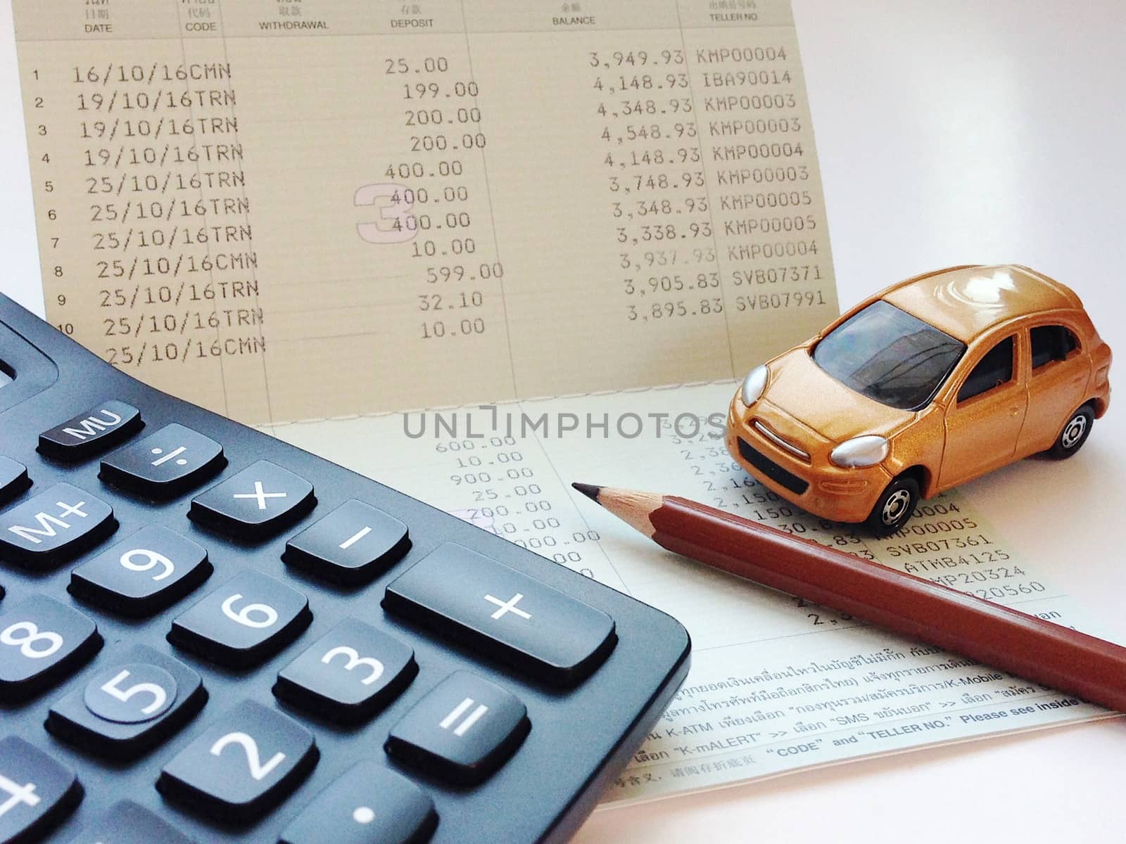 Business, finance, saving money, banking or car loan concept : Miniature car model, calculator and saving account book or financial statement on office desk table