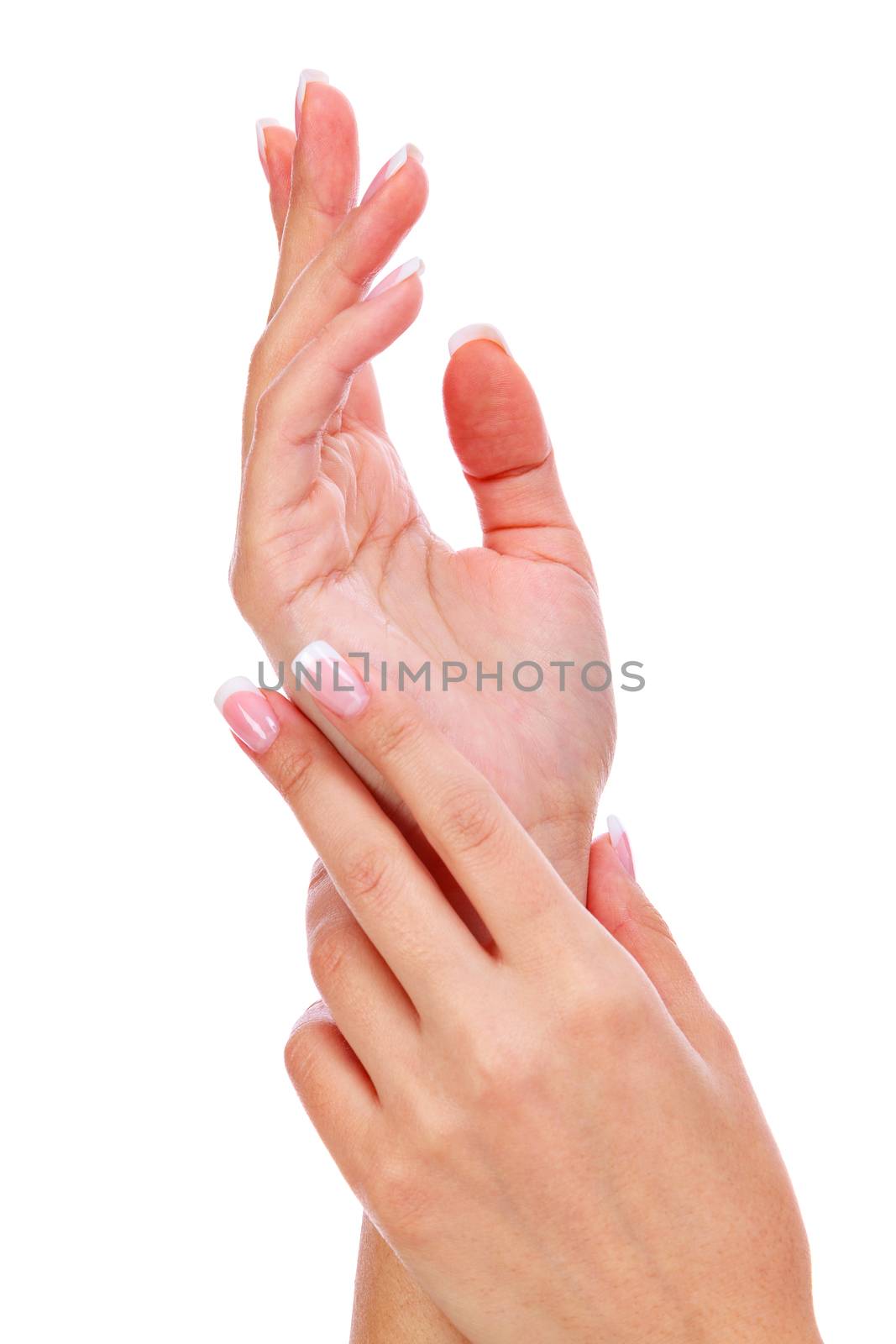 Closeup shot of woman's hands with french manicure and clean and soft skin over a white background, isolated