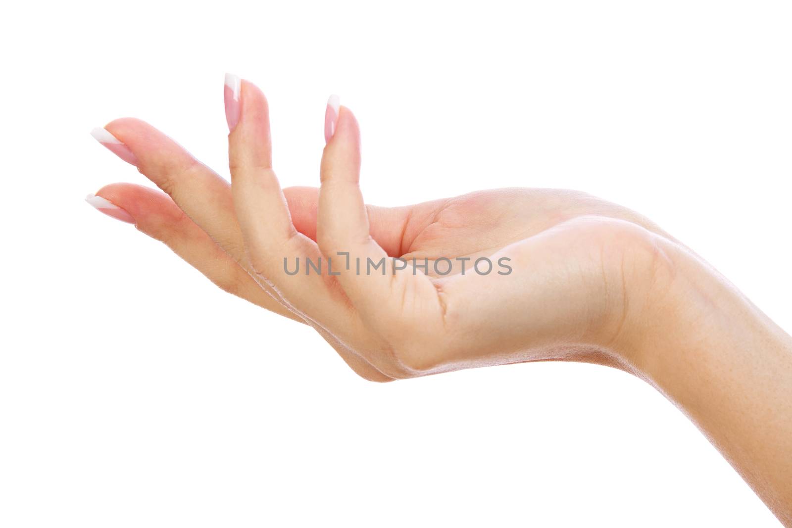 Closeup shot of woman's hand with french manicure and clean and soft skin over a white background, isolated