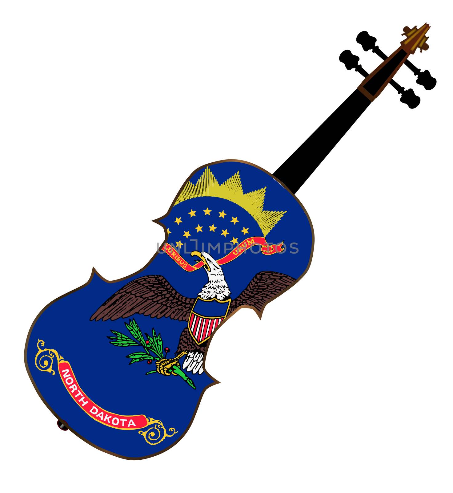 A typical violin with North Dakota state flag isolated over a white background