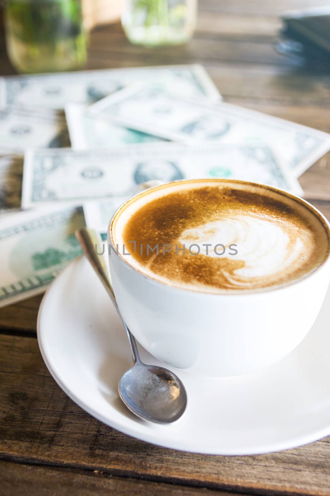Cappuccino or latte coffee with art shape, coffee cup for background