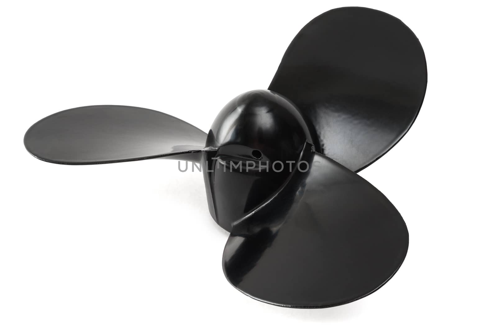 Black propeller for the outboard motor is isolated on a white background