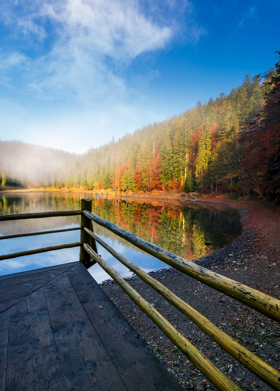 wooden pierce fence on a lake in fog by Pellinni