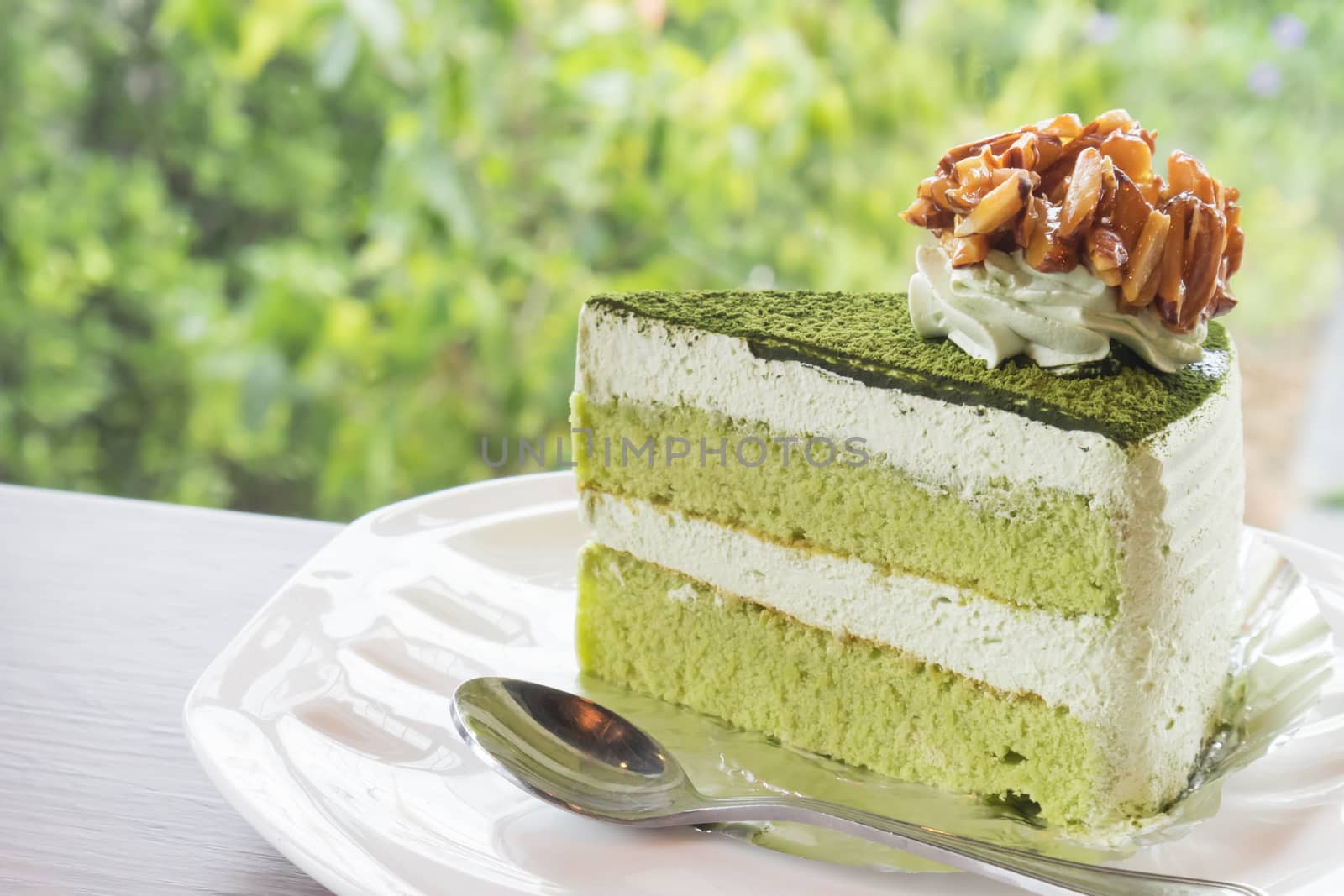 Closeup matcha green tea cake in coffee shop with nature background