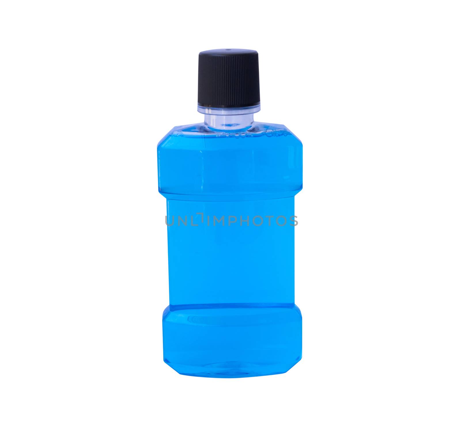 Blue water of mouthwash bottle isolate on white background