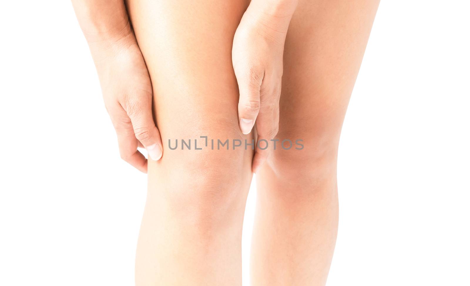 Closeup woman hand hold knee with pain symptom, health care and medicine concept