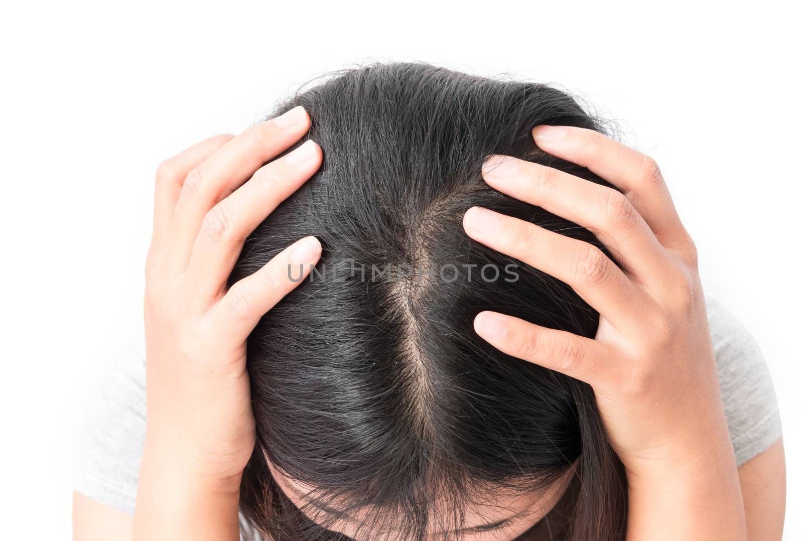 Closeup woman hand itchy scalp, Hair care concept