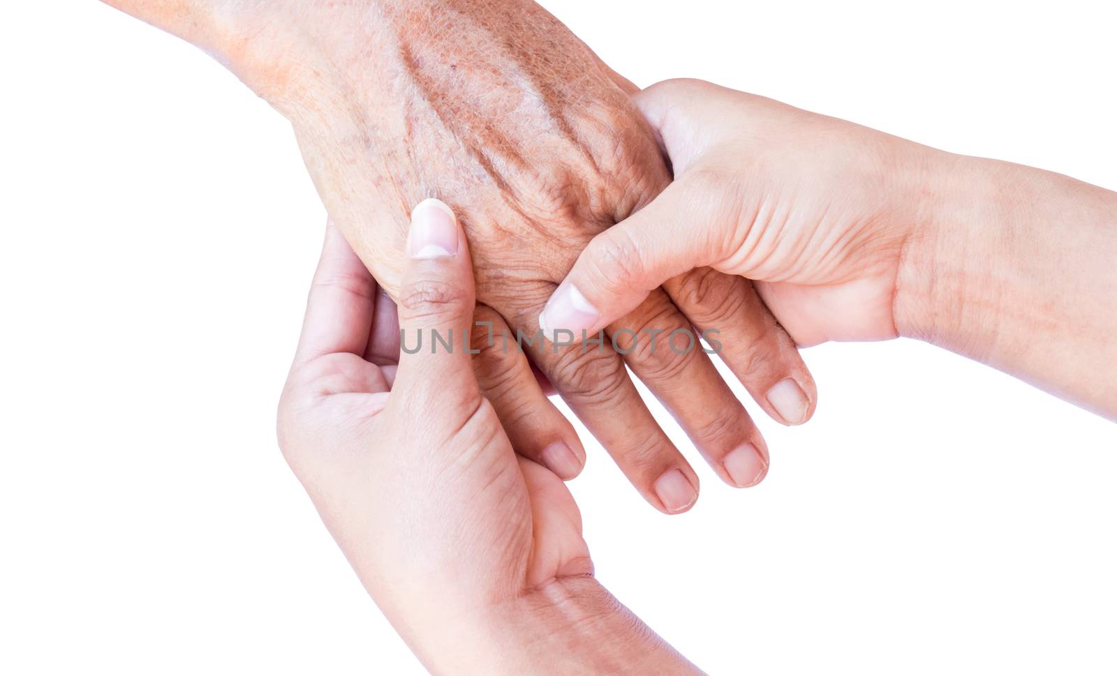 Young woman hands holding old woman hands on white background, for take care and love mom feeling concept
