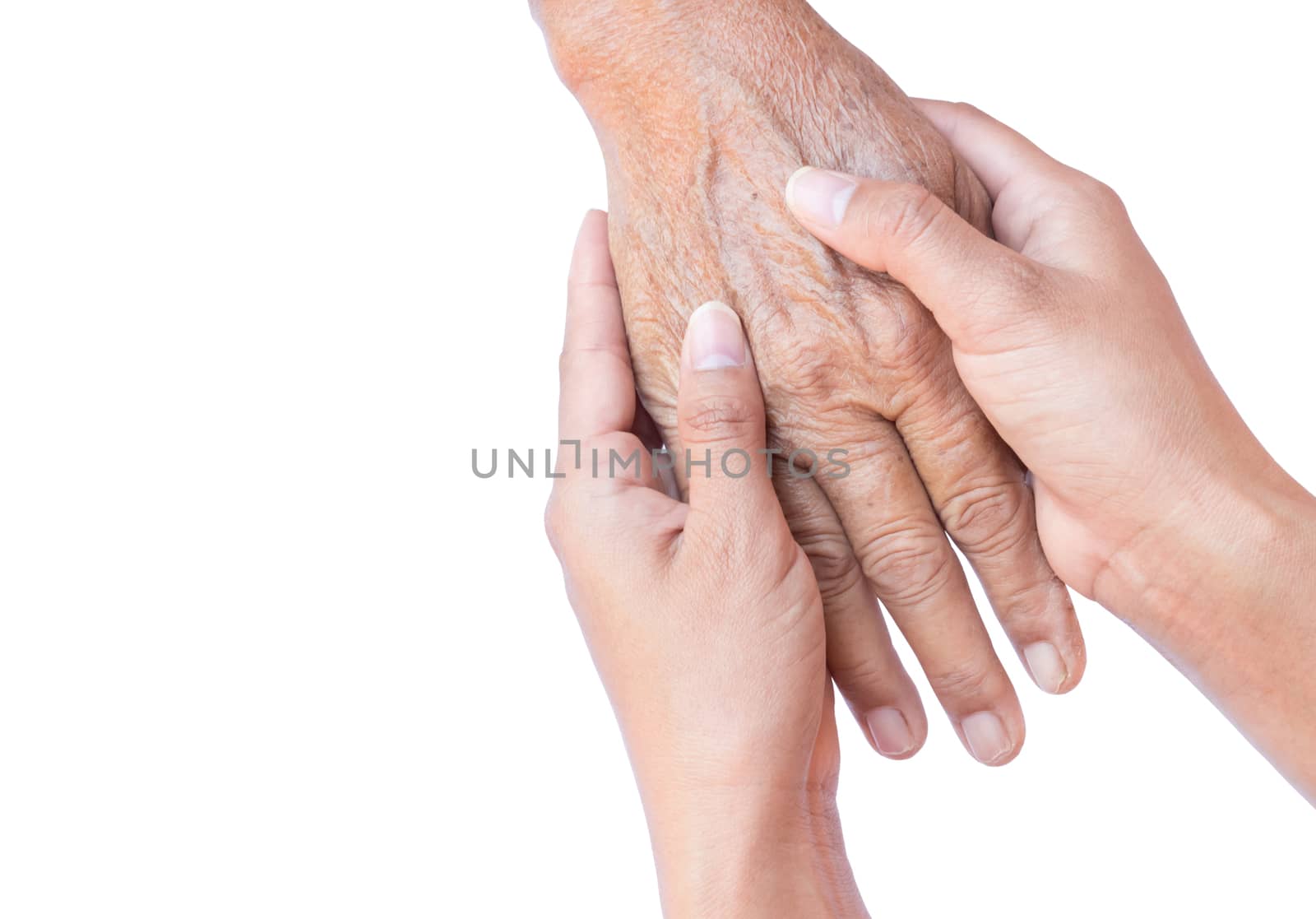 Young woman hands holding old woman hands on white background, for take care and love mom feeling concept