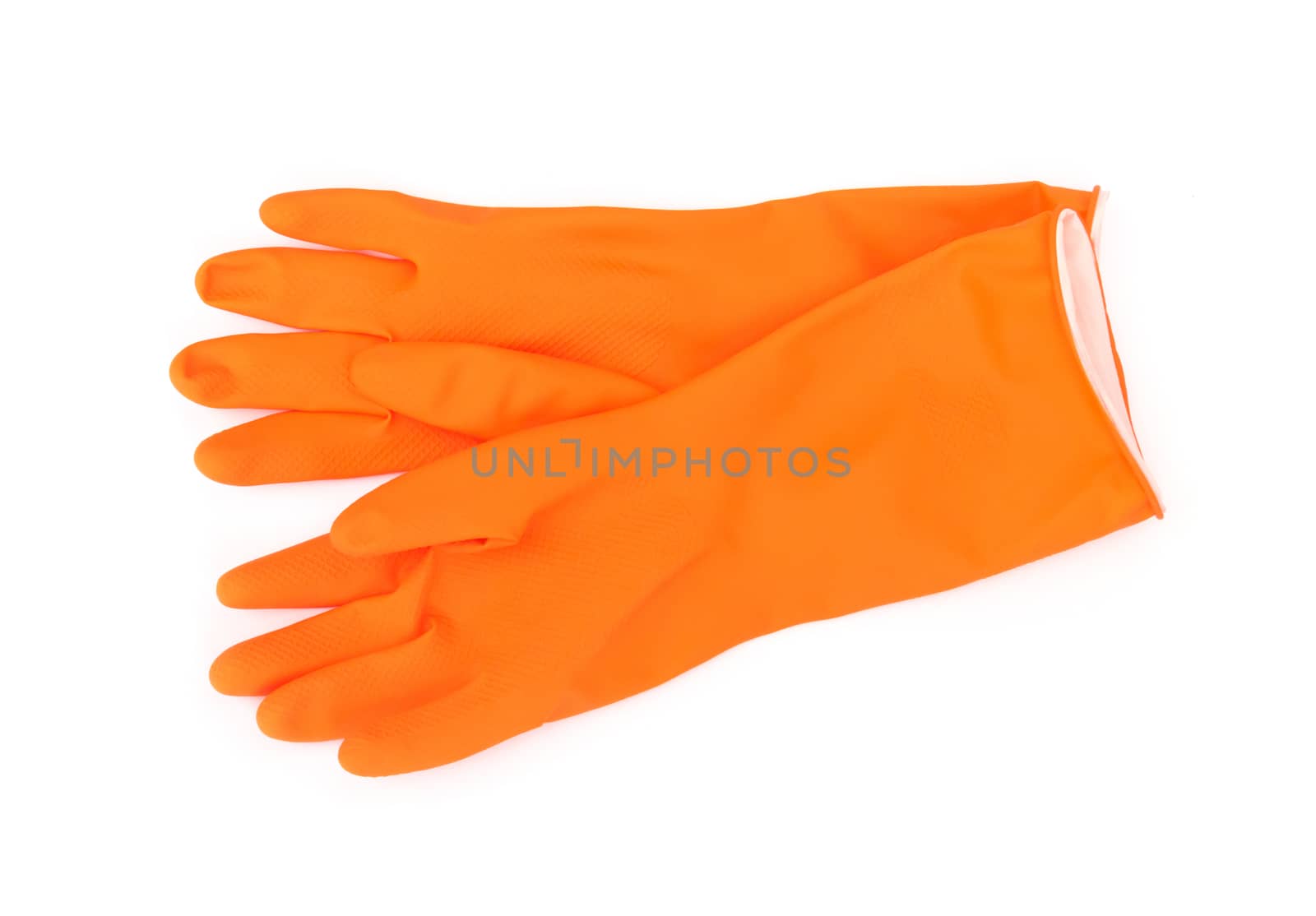Orange color rubber gloves  for cleaning on white background, housework concept