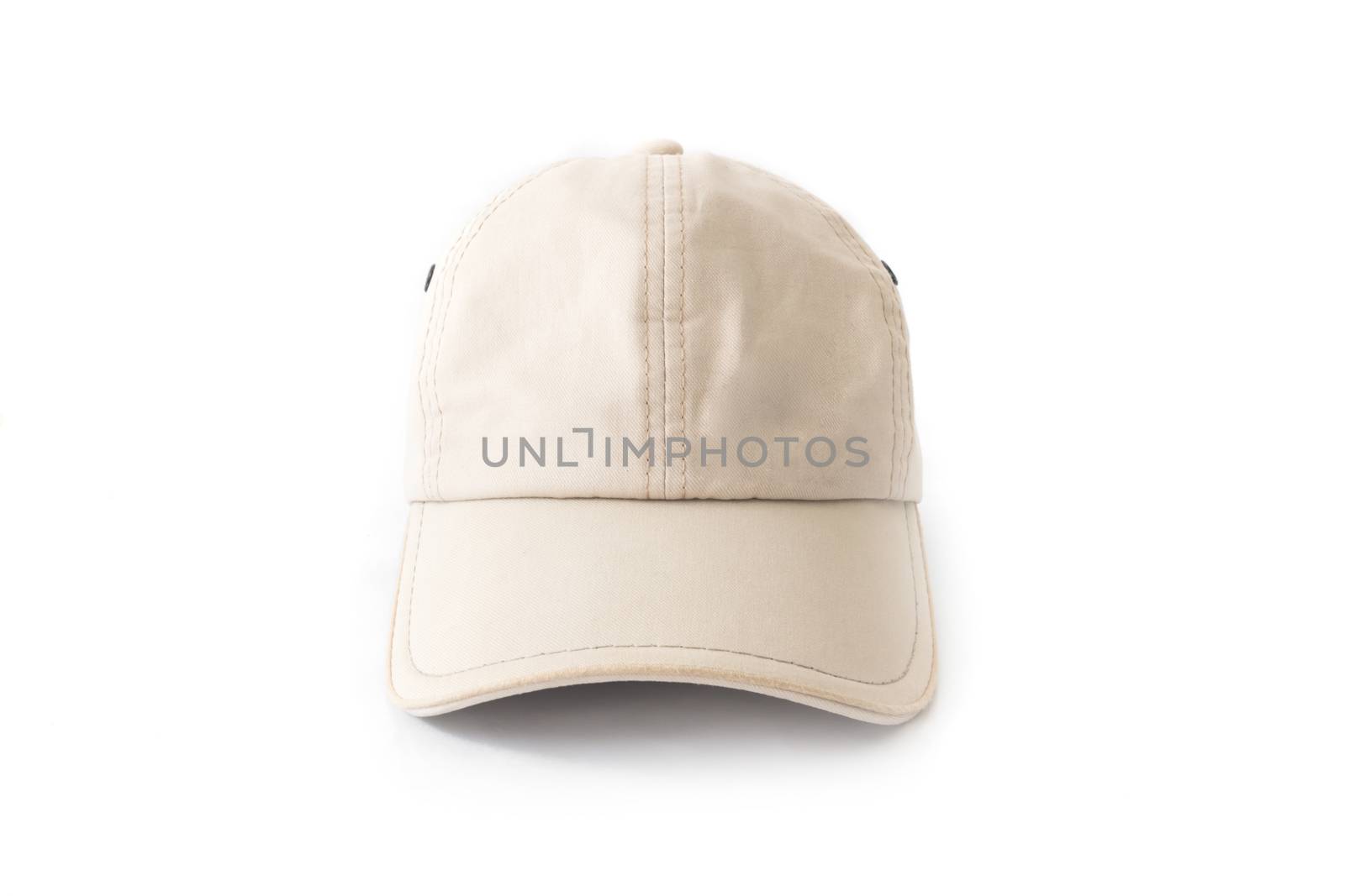 Closeup front view of white hat cap on white background, fashion concept