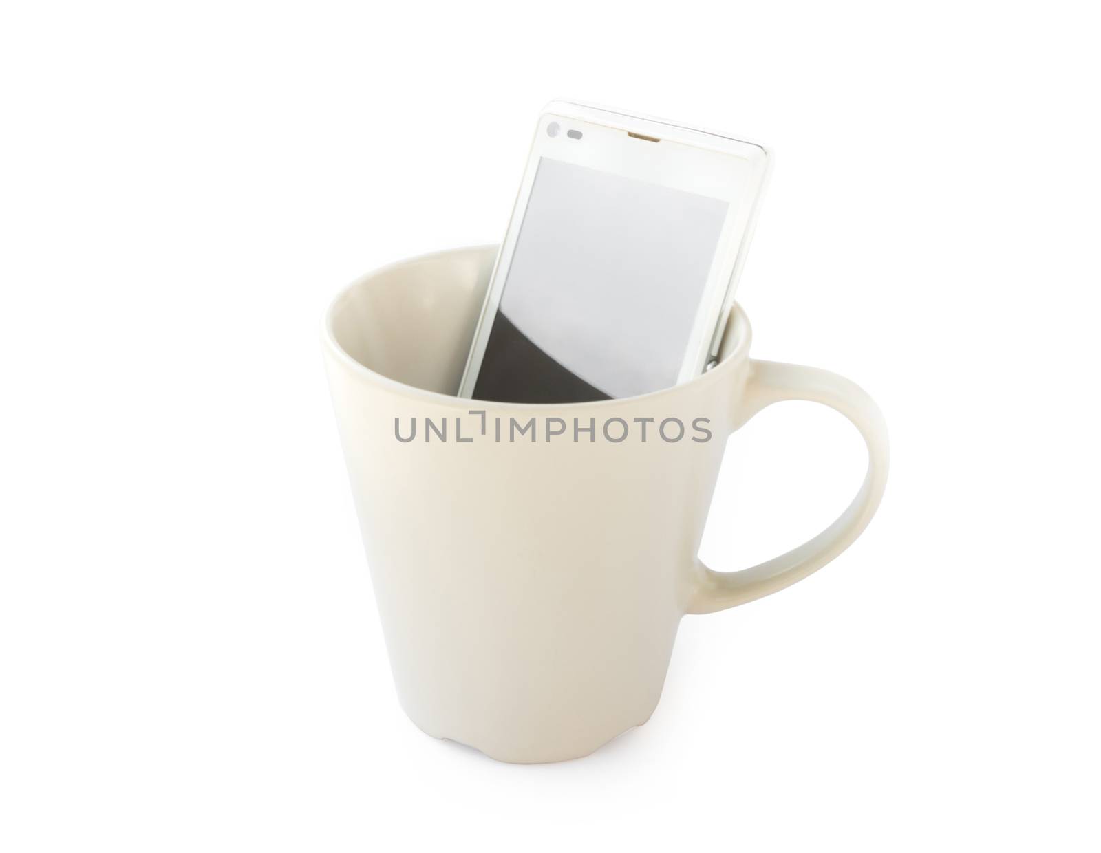 Smart phone in empty mug on white background, Morning breakfast mic technology concept