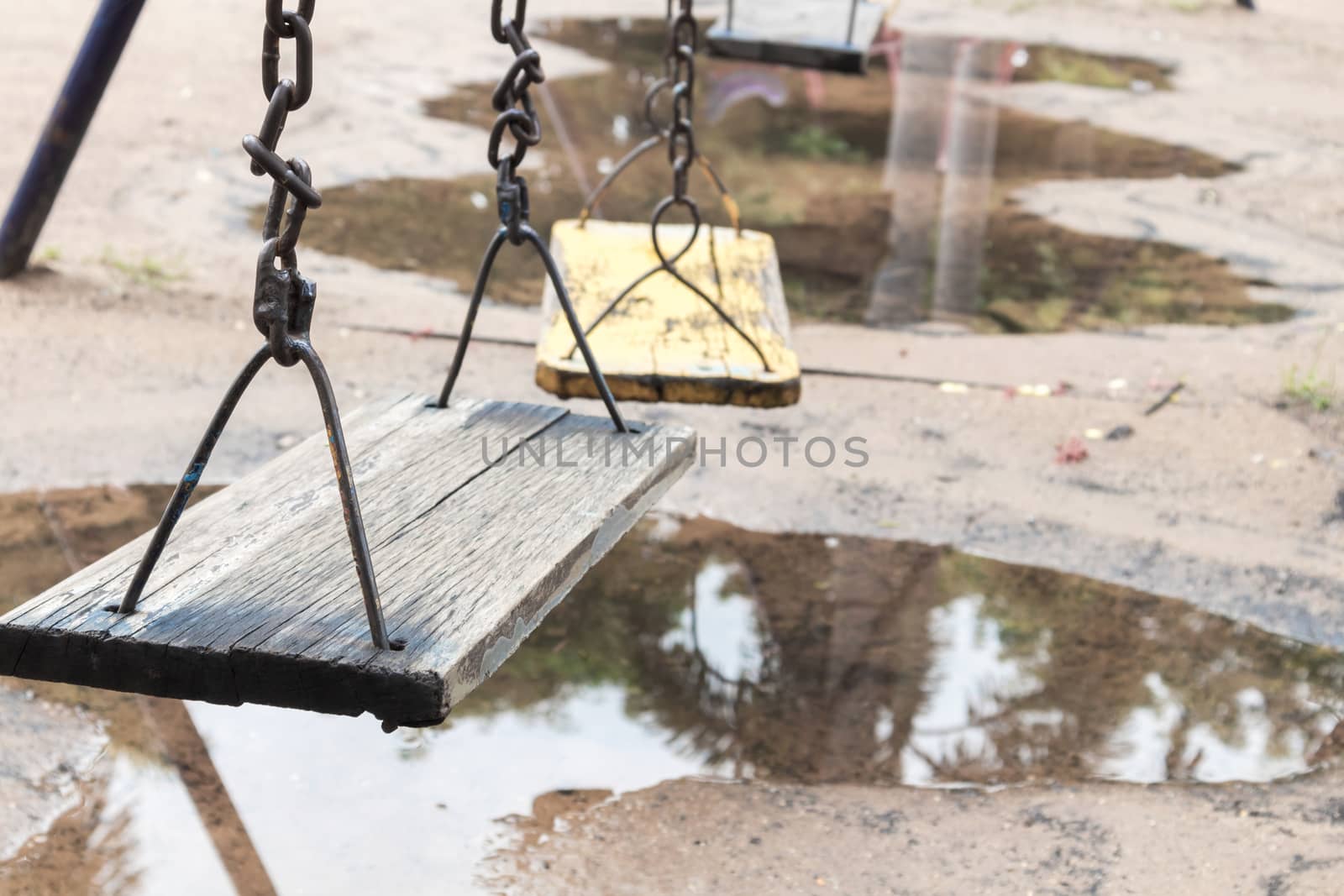 Closeup Empty swing for children on garden park, Empty feeling concept