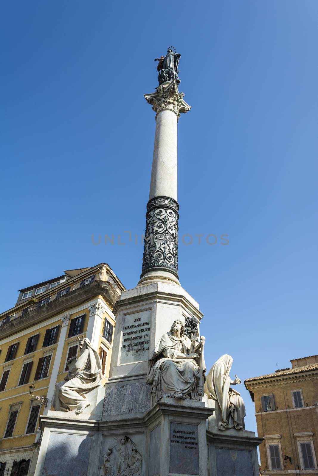 The Column of the Immaculate Conception stands in Piazza Mignanelli in front of the Spanish Embassy in Rome, and steps away from Piazza di Spagna.