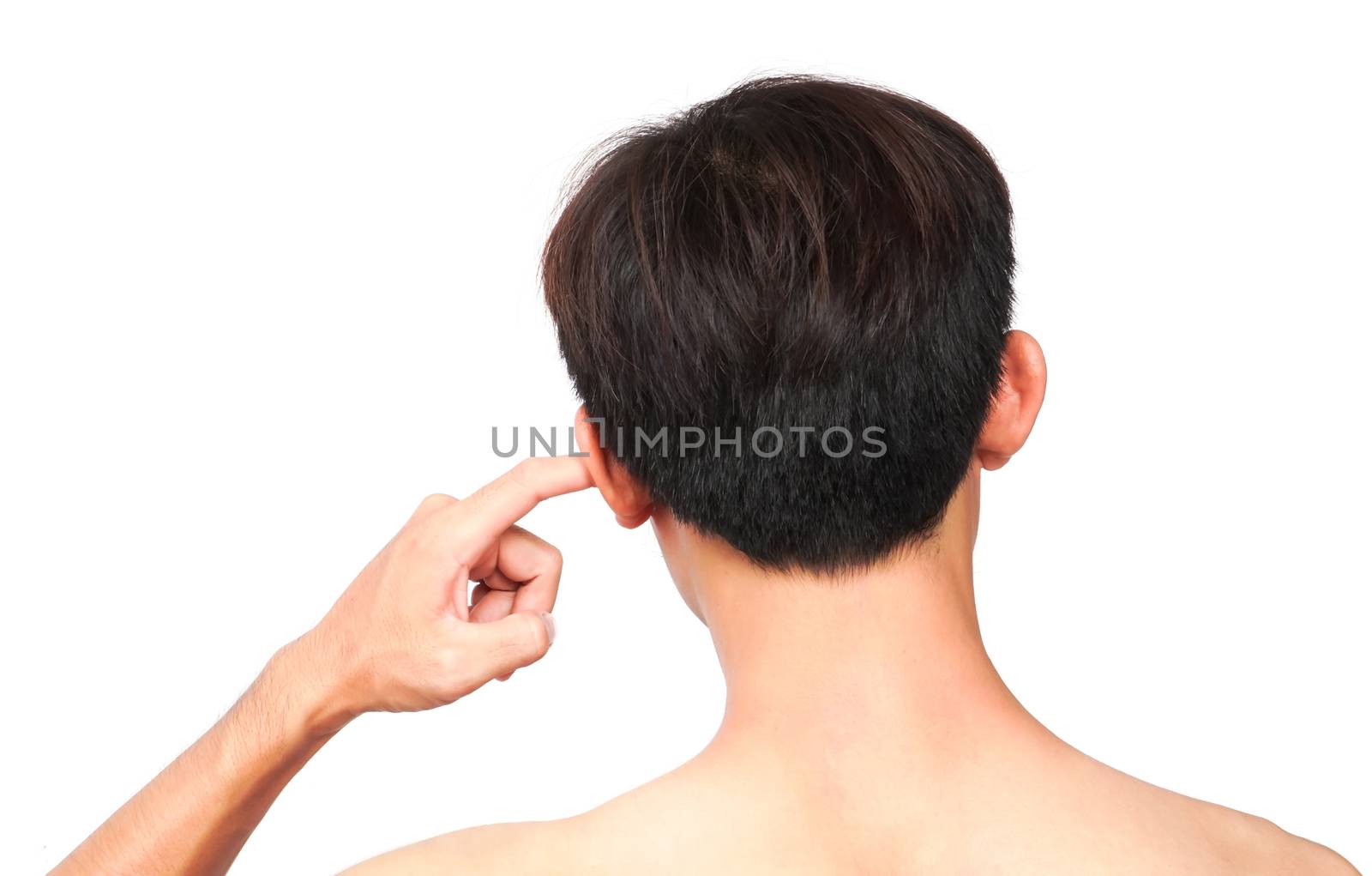 Man scratching an itch ear with finger on white background, heal by pt.pongsak@gmail.com