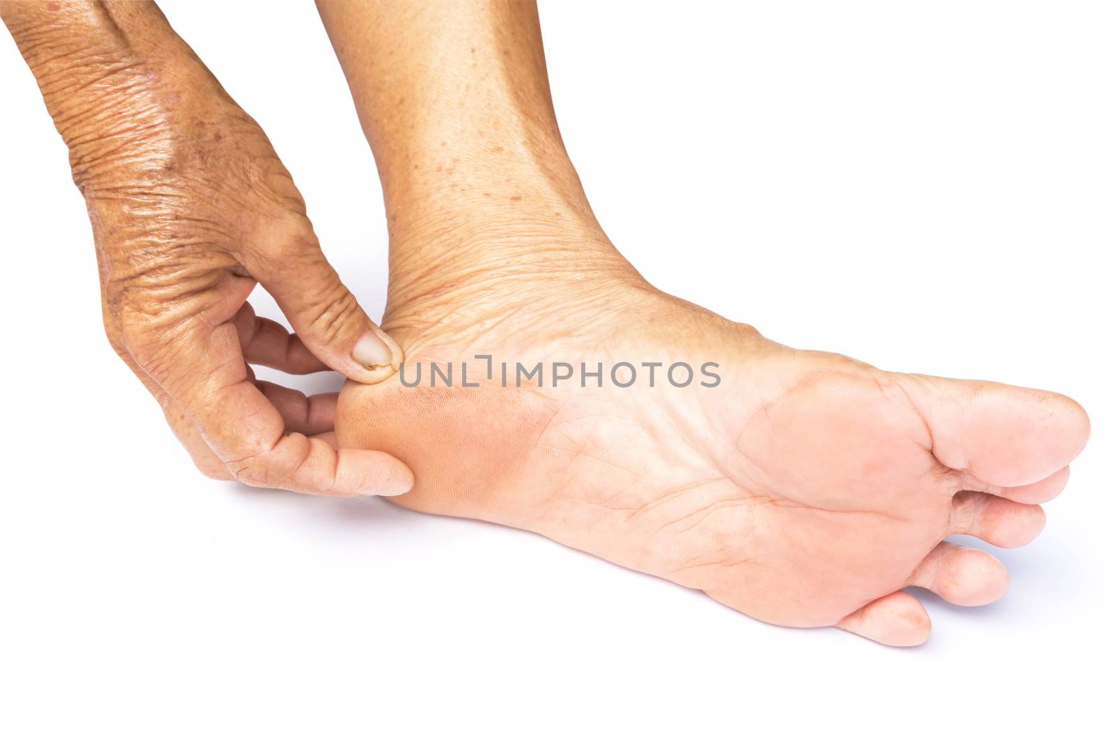 Hand holding feet old women, take care feeling with white background