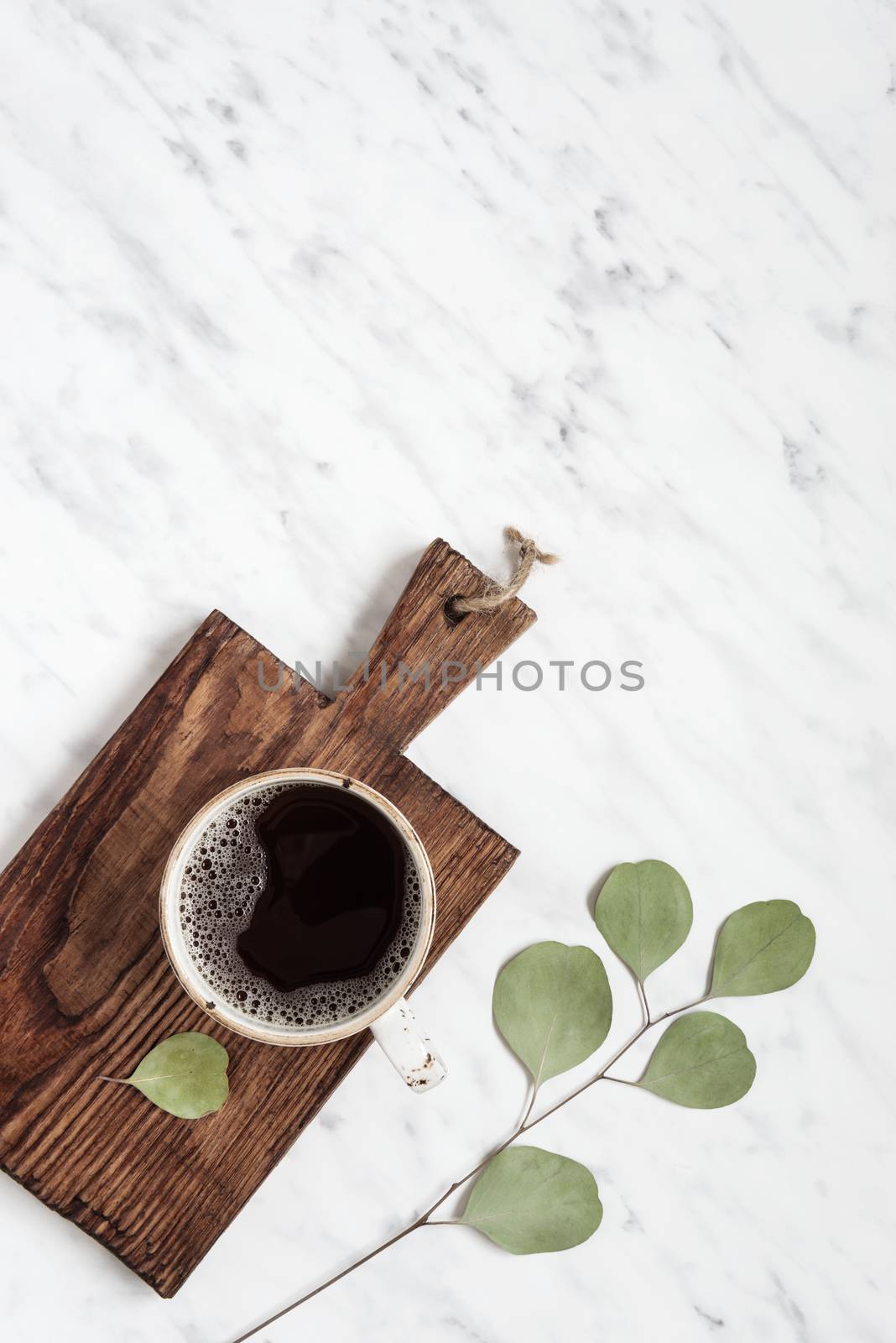 Morning composition with a cup of black coffee and eucalyptus green branch on a marble surface with space for text, top view