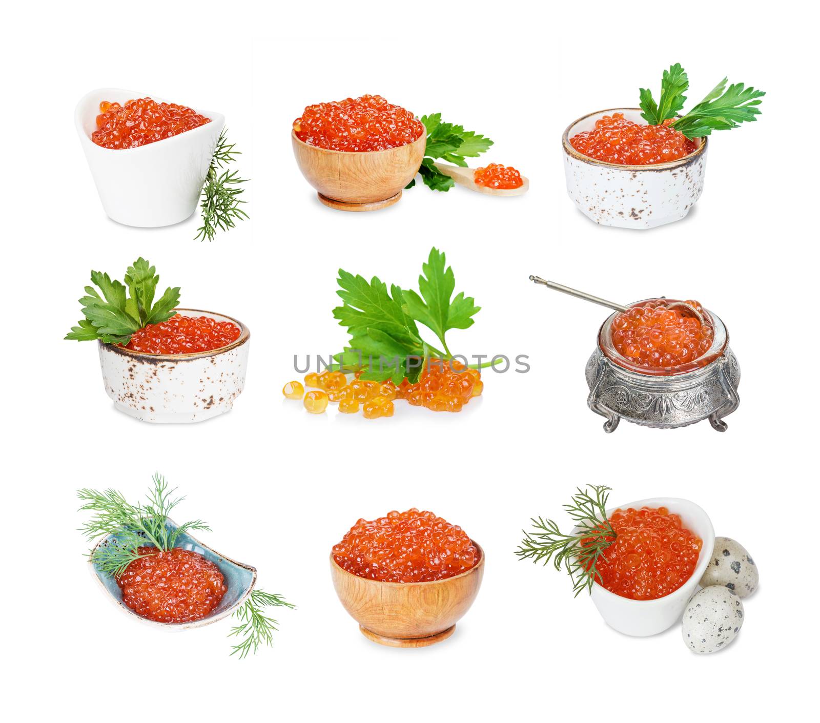 Set of images of red caviar in a variety of bowls isolated on white background