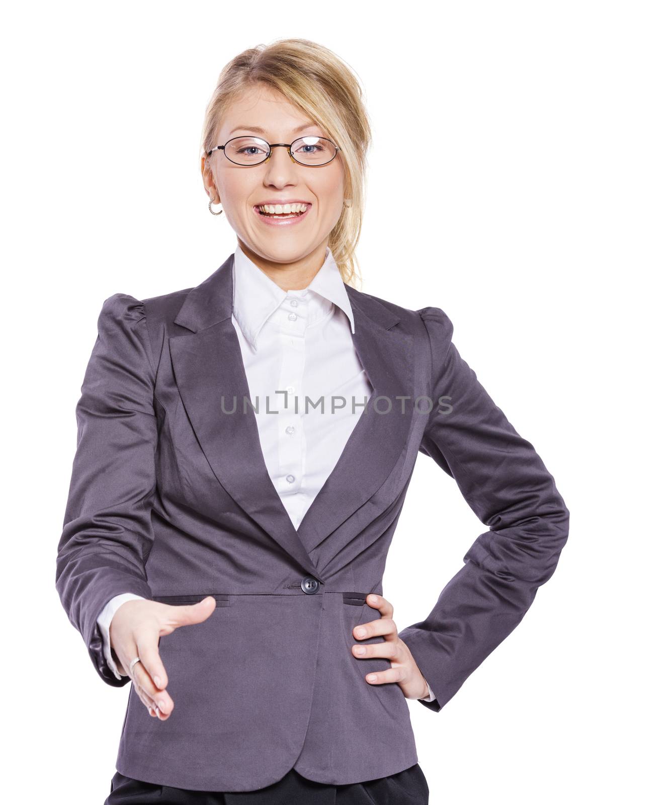 Portrait of Beautiful business woman handshake isolated on white