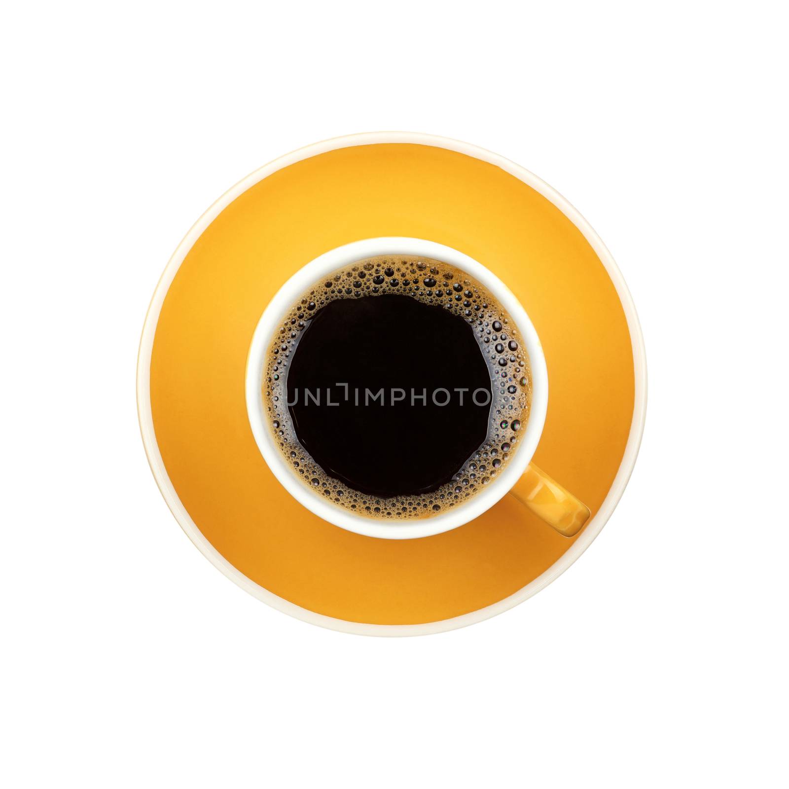 Full Americano black filtered coffee in small yellow cup with saucer isolated on white background, elevated top view, close up