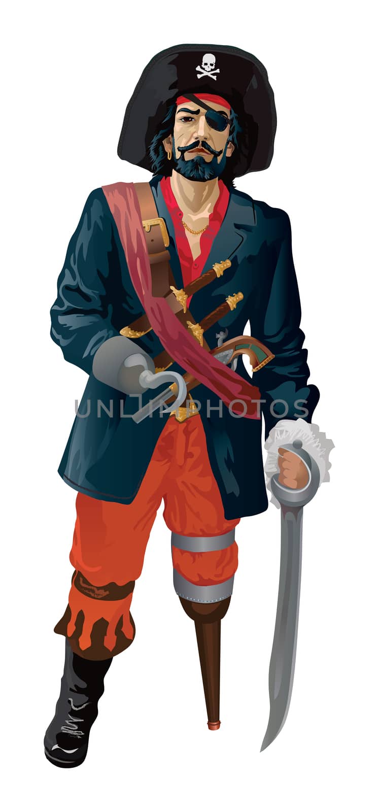 Pirate captain standing on one wooden leg. Isolated on white. Vector color illustration.