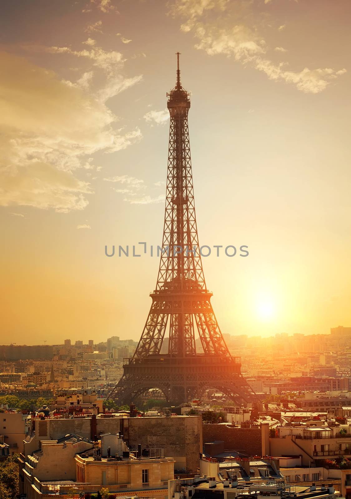 Parisian cityscape with the view on Eiffel Tower at sunset, France