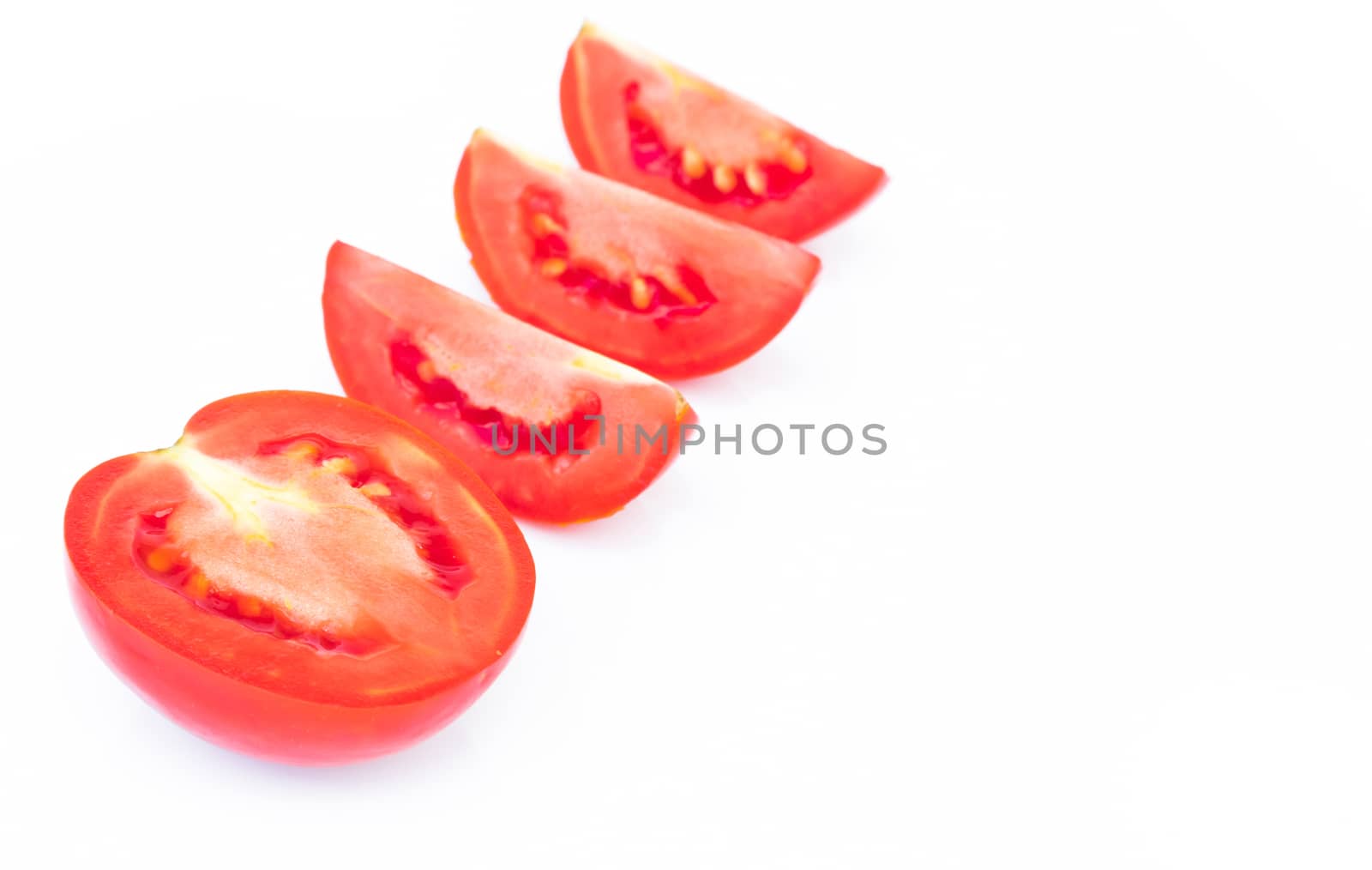 Closeup fresh red tomatoes slice on white background, food and vegetable