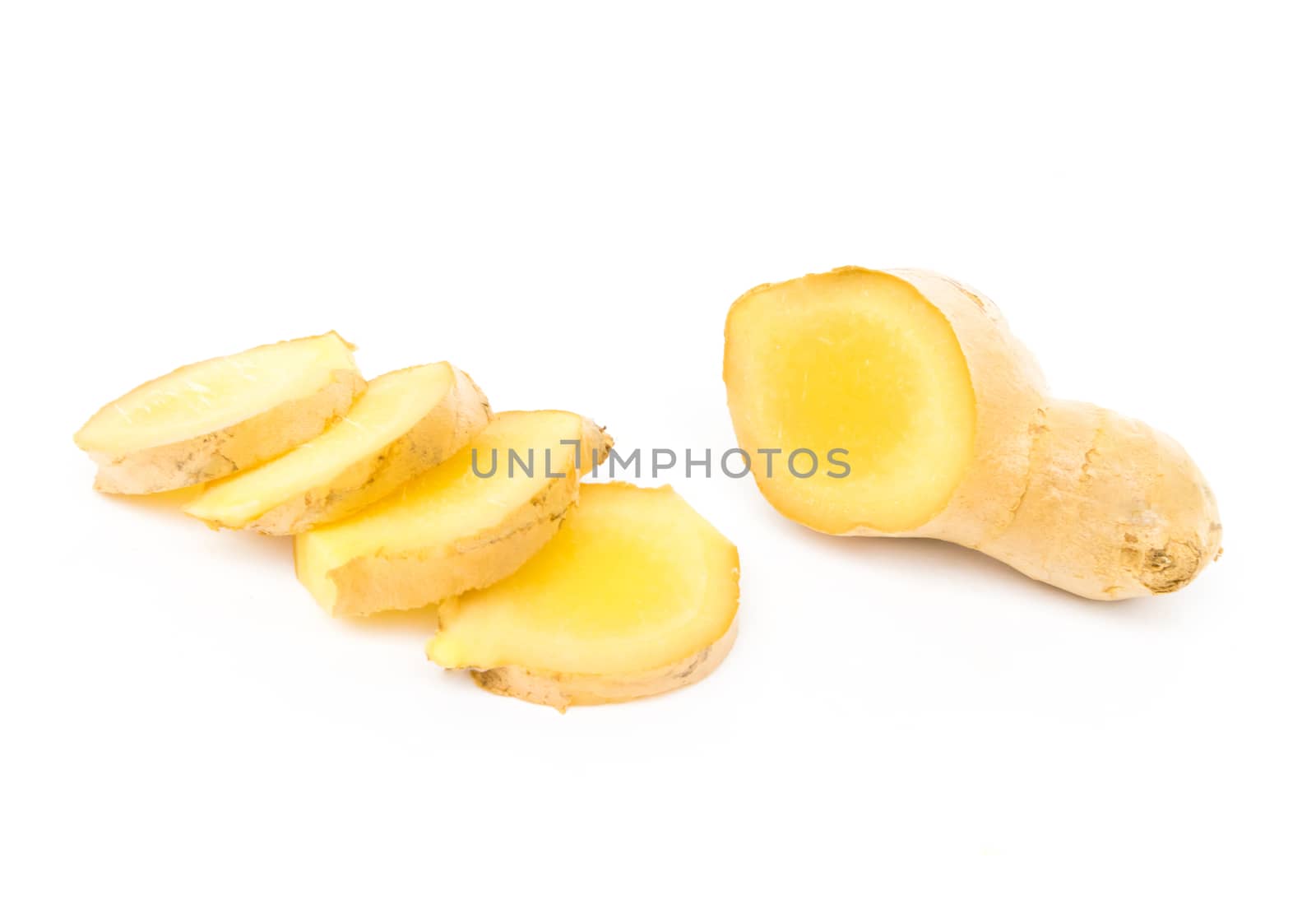Fresh ginger slice on white background,raw material for cooking