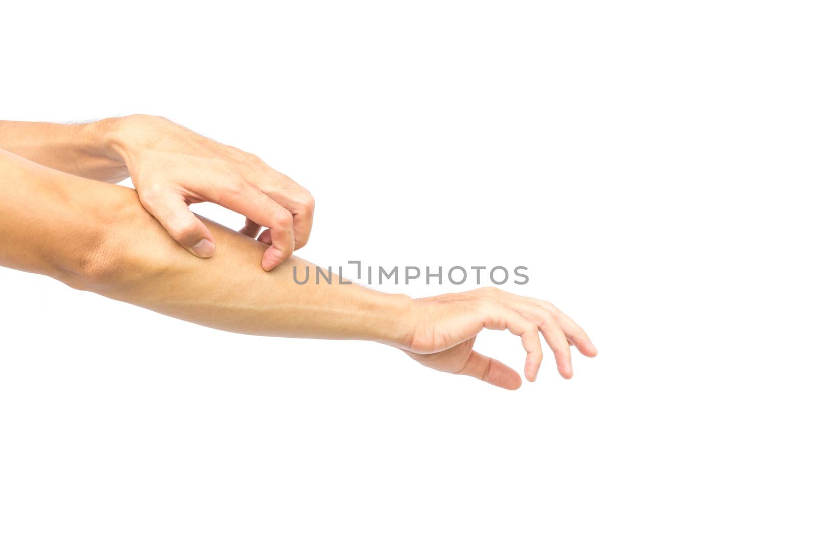Man hand scratching arm on white background for healthy concept