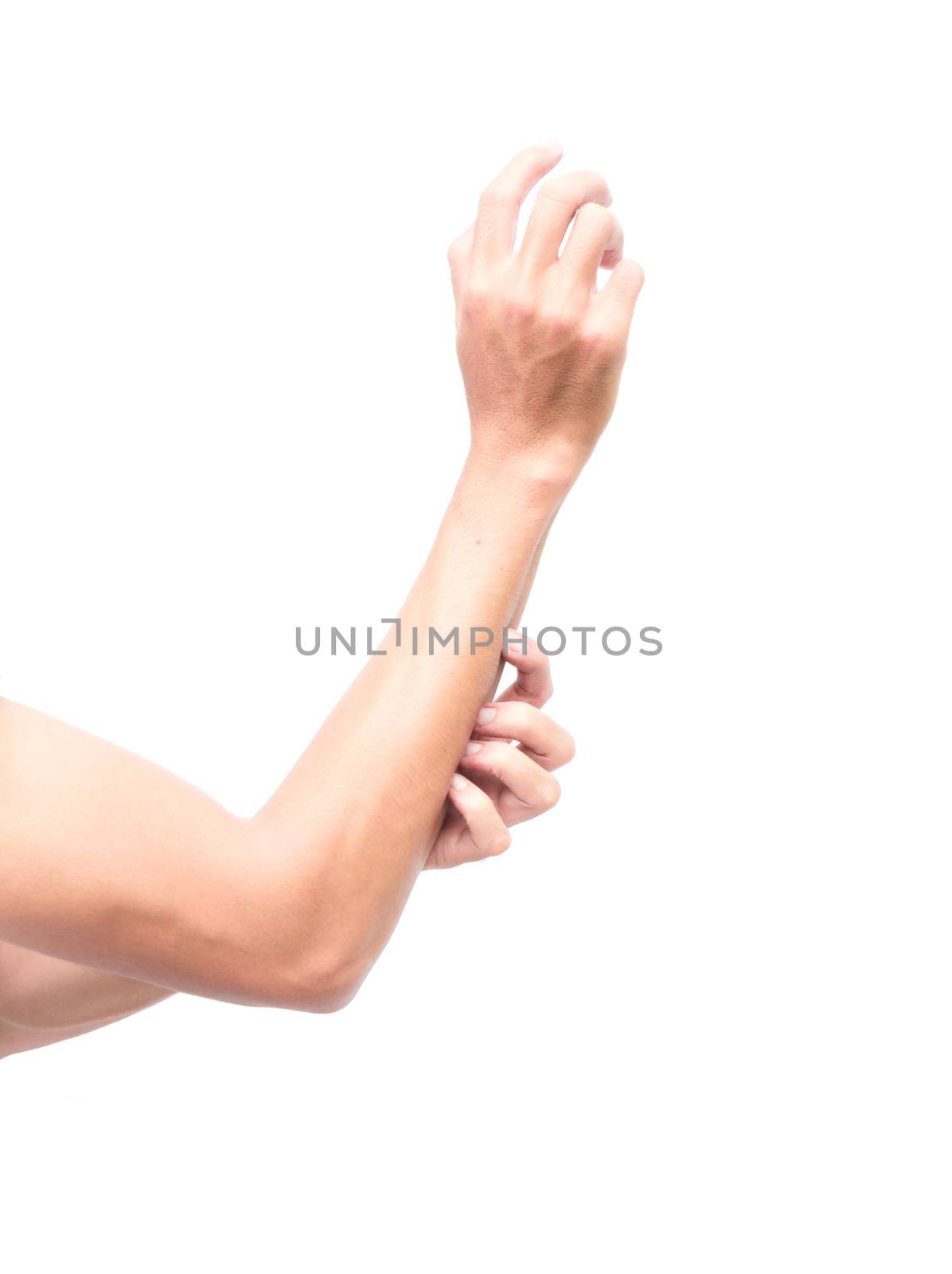 Man hand scratching arm on white background for healthy concept