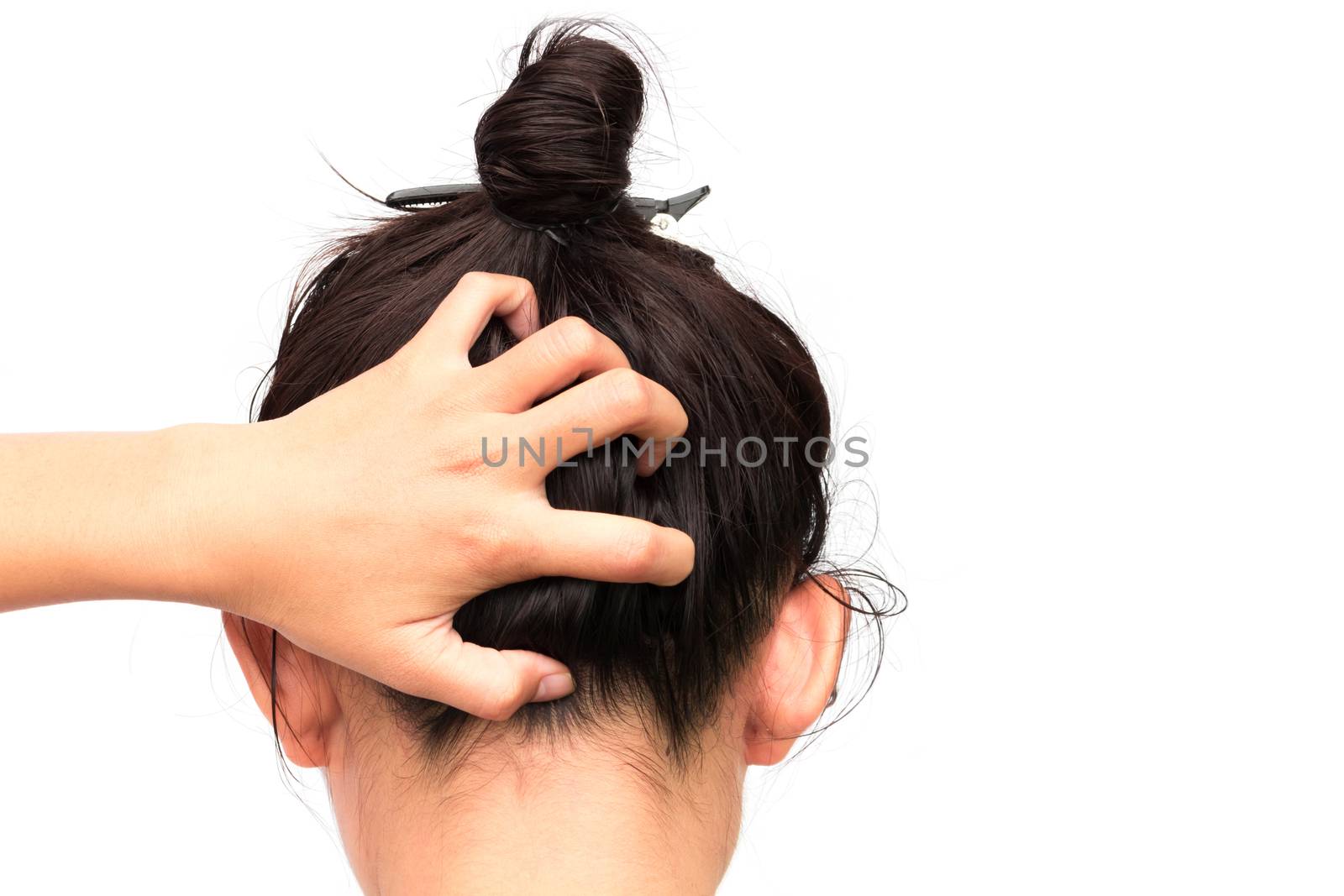 Closeup woman hand itchy scalp, Hair care concept 