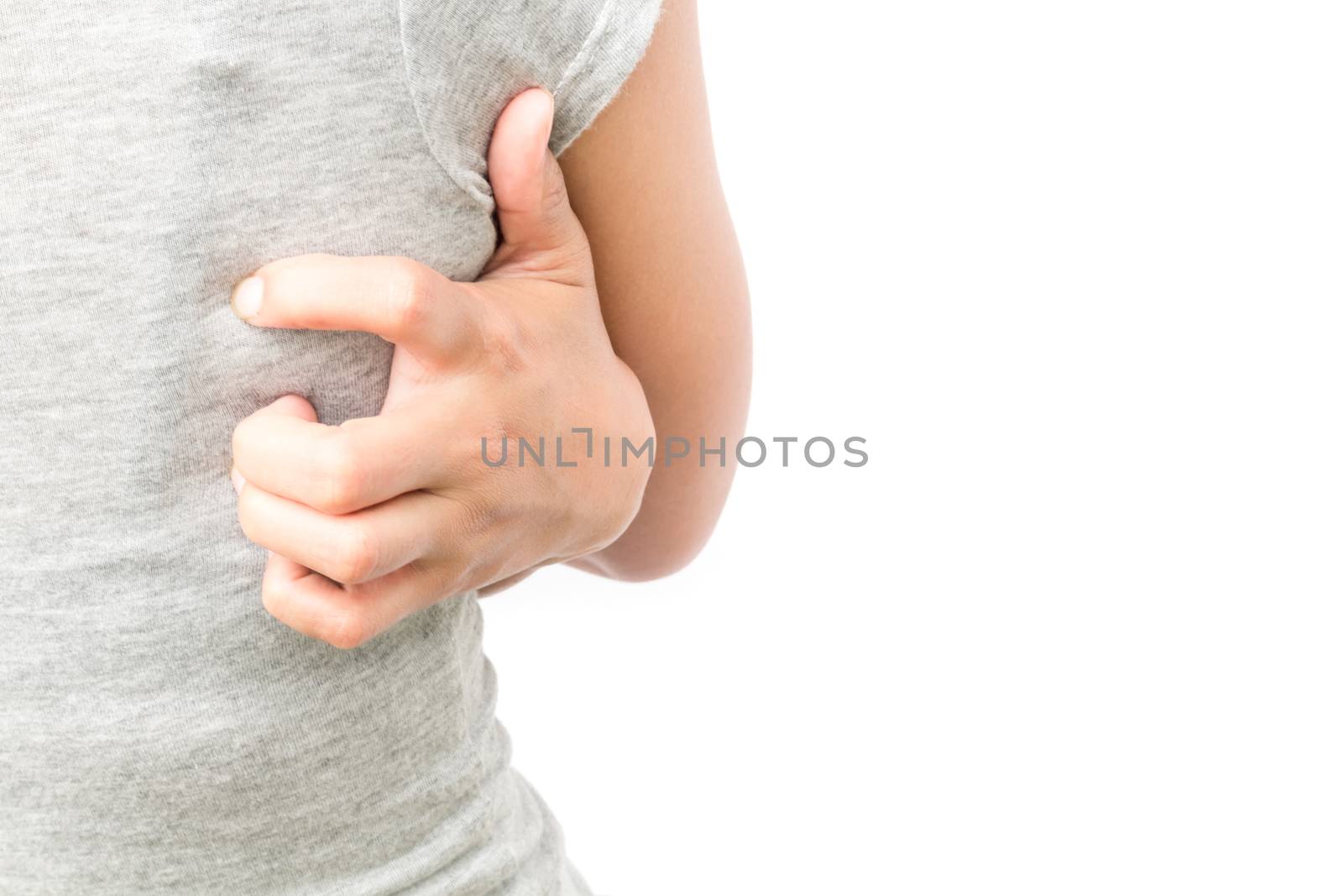 Woman hand scratching on back with white backgroud for healthy concept