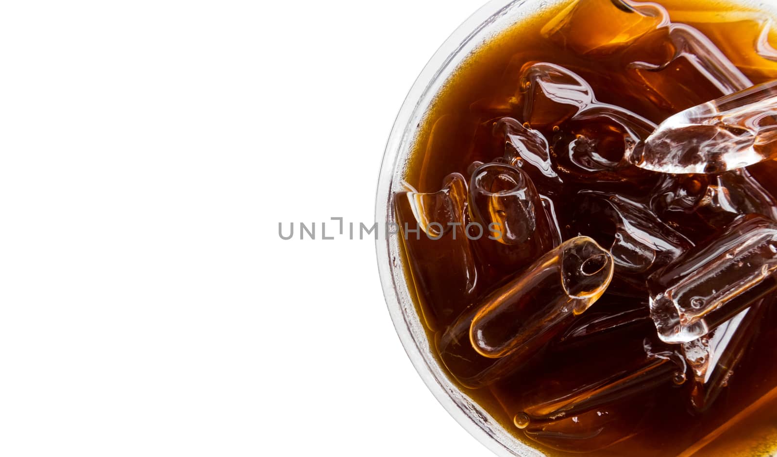 Closeup top view ice of americano or black coffee on white background, food and drink concept