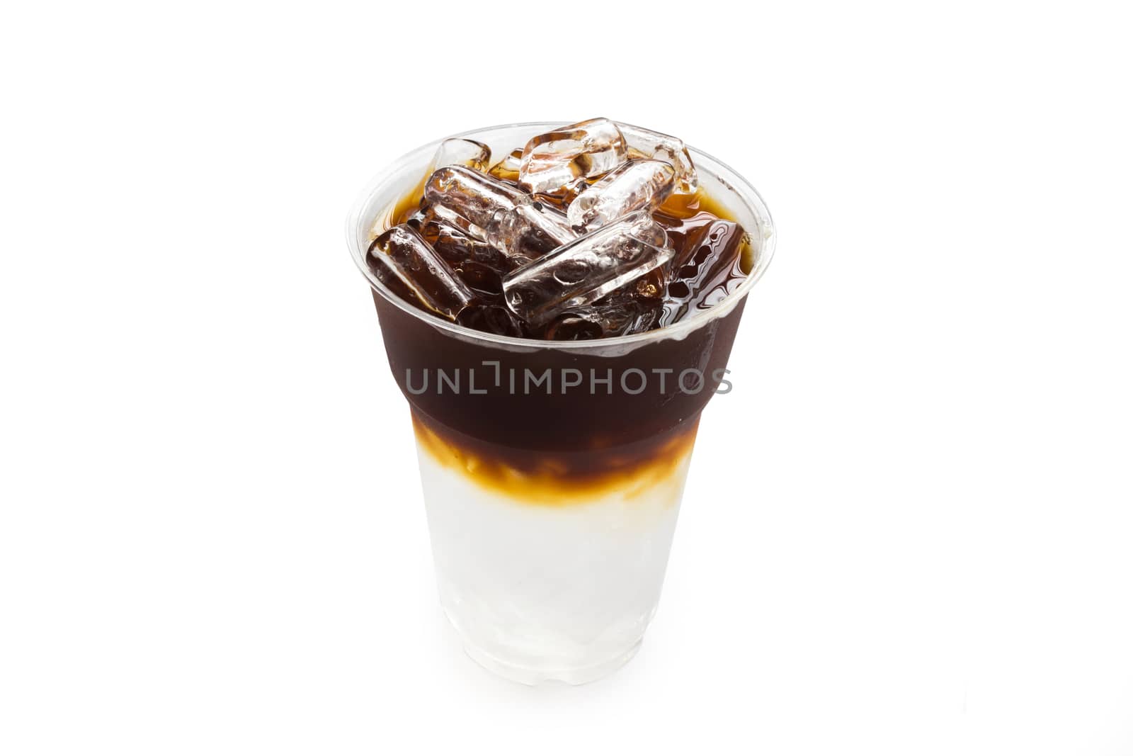 Closeup ice of americano or black coffee on white background, food and drink concept