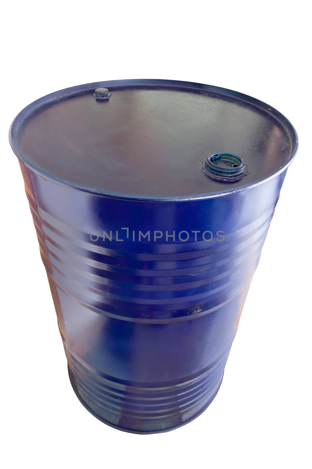 Two hundred liter oil barrels blue color on white background. object with work paths.

