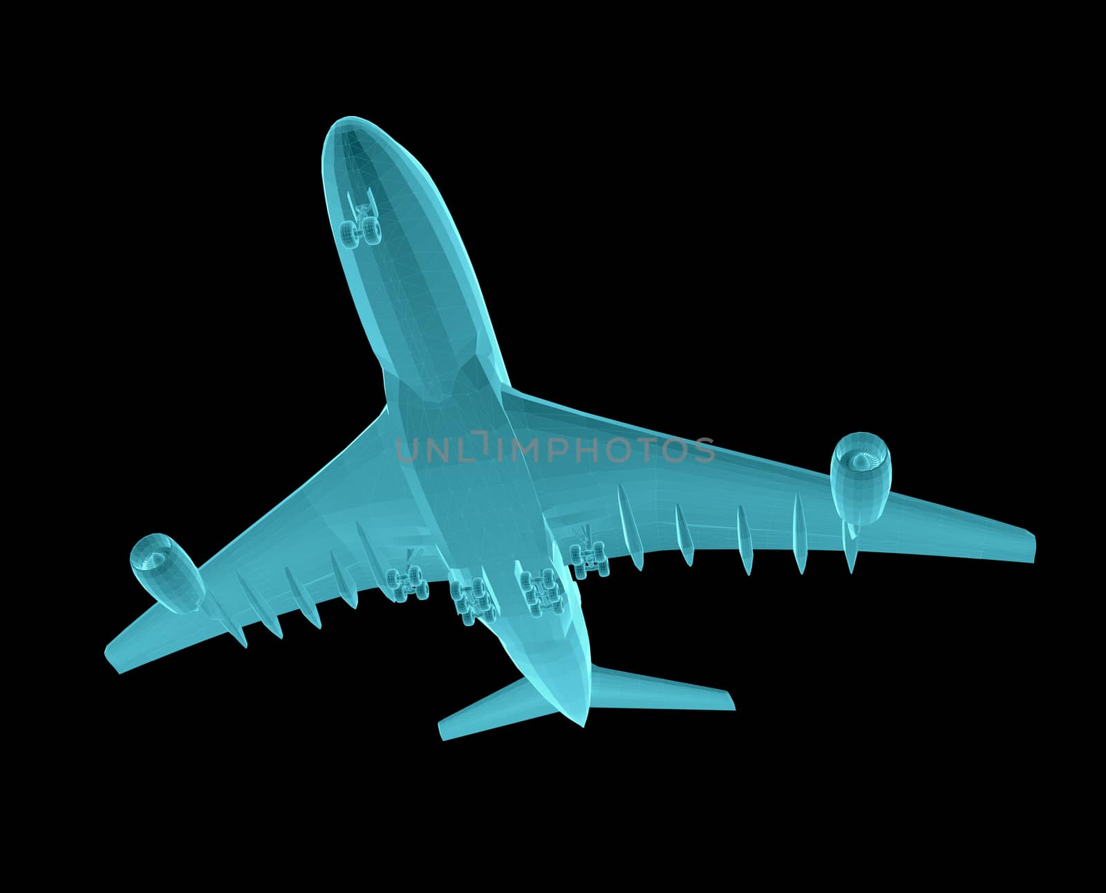 Airplane. Xray image isolated on black. 3d illustration