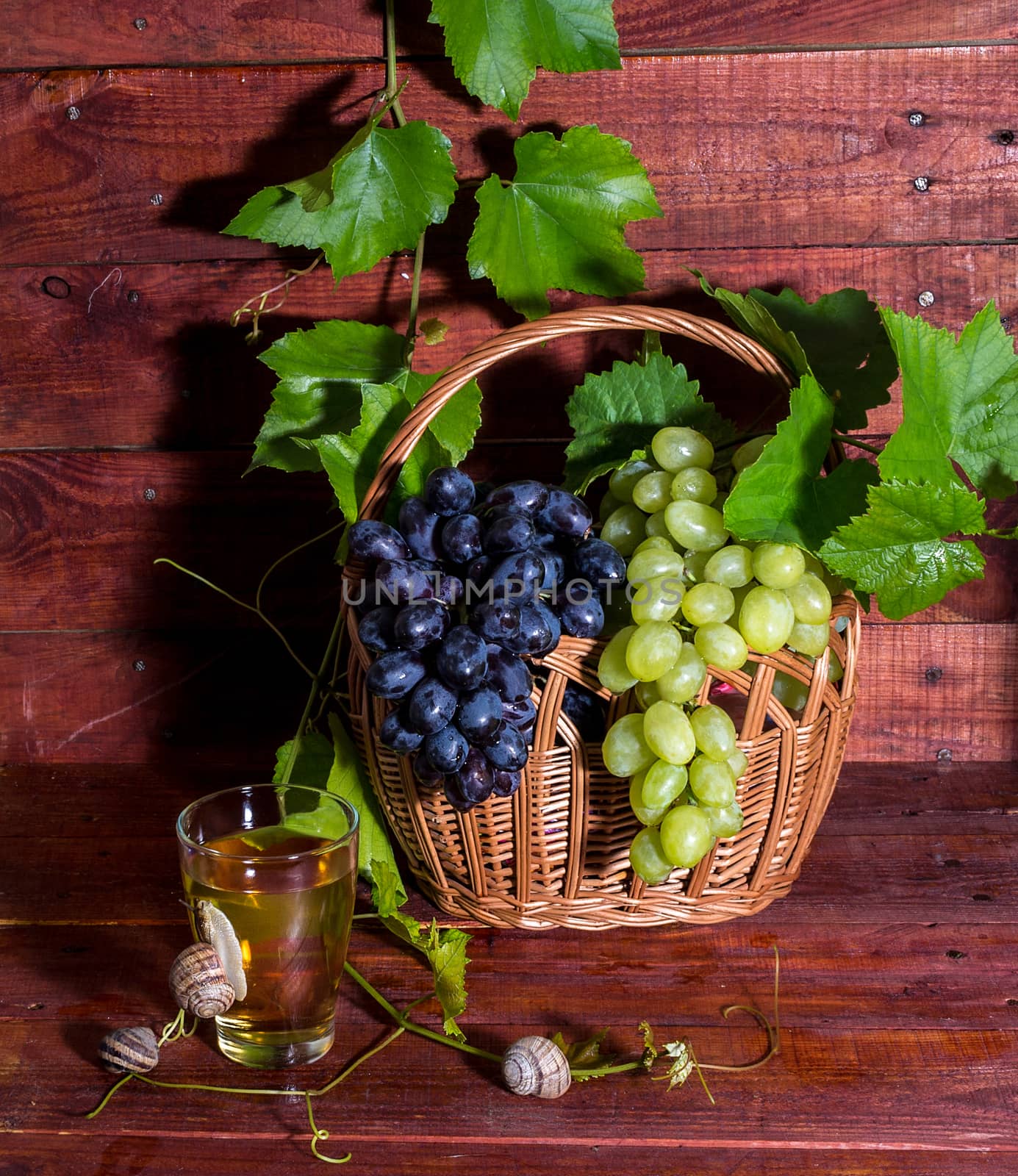 grape juice in a glass on a table with grapes and vine