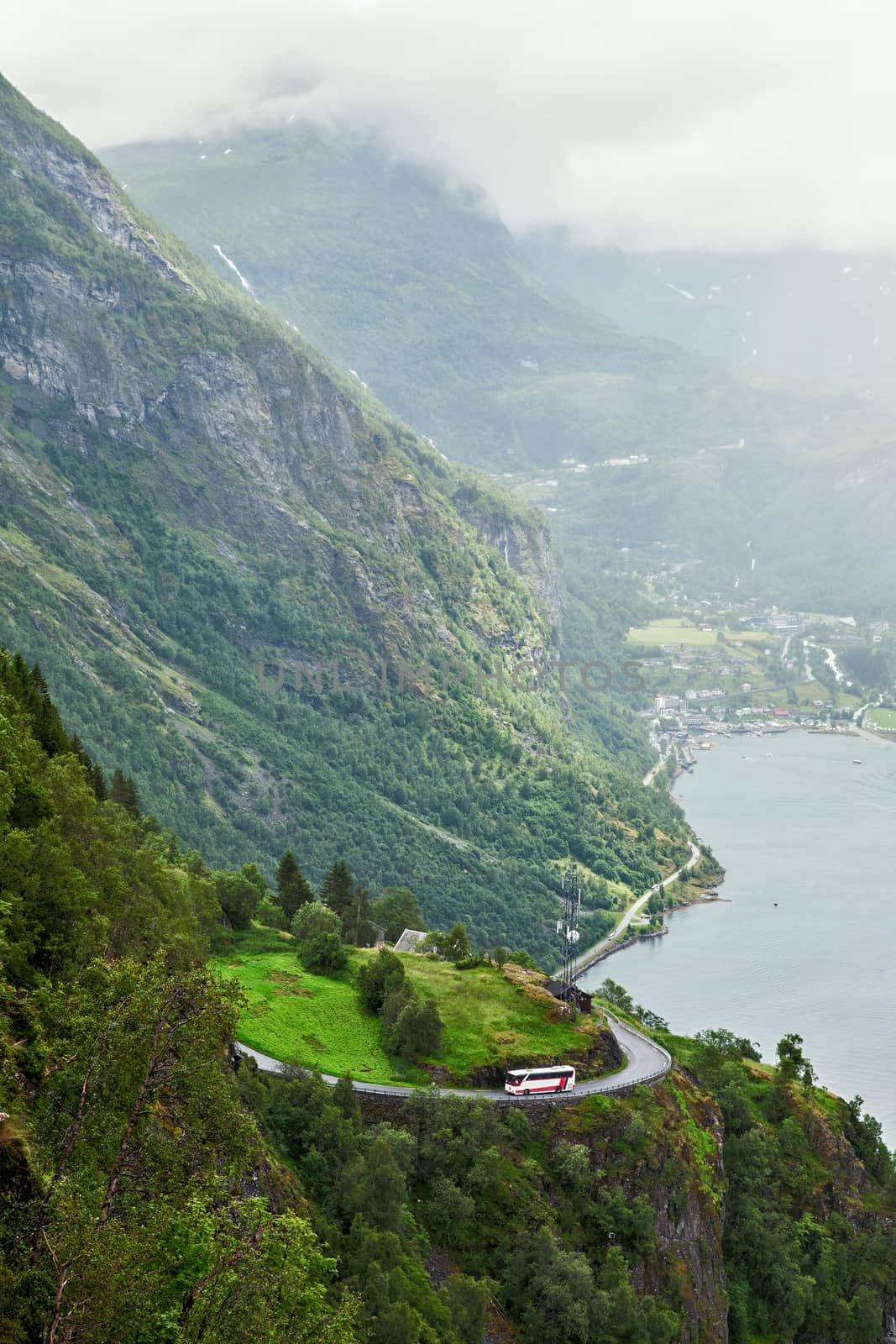Geiranger seen from above in a cloudy day, Norway