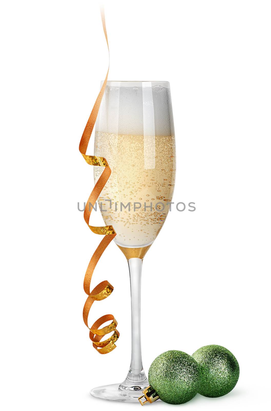 Glass of champagne and Christmas balls isolated on white background