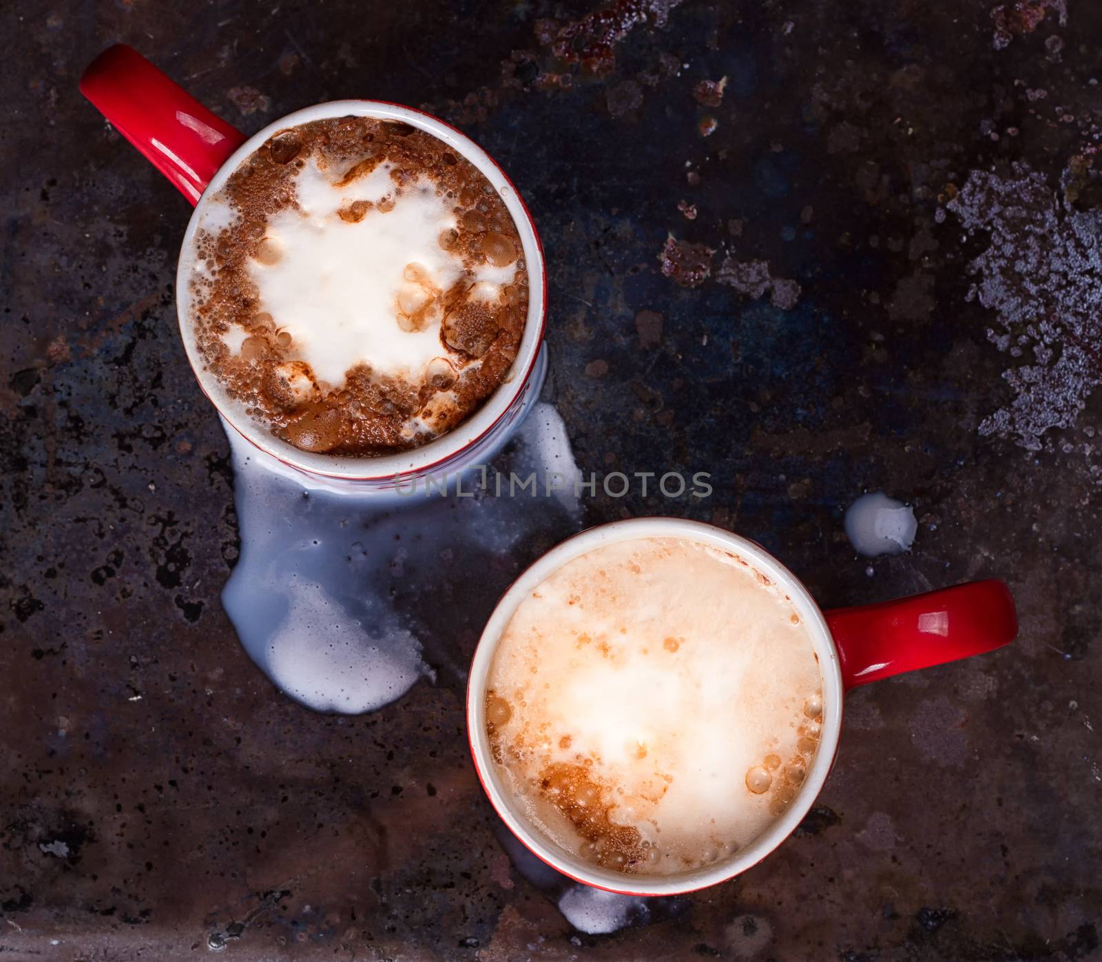 Two coffee cups for lovers prepare for morning coffee with copy blank space by victosha