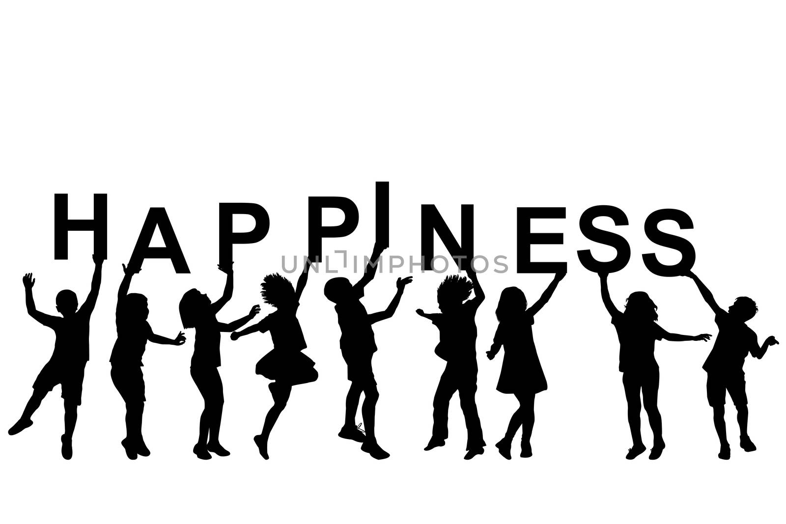 Kids silhouettes holding letters with word HAPPINESS by hibrida13