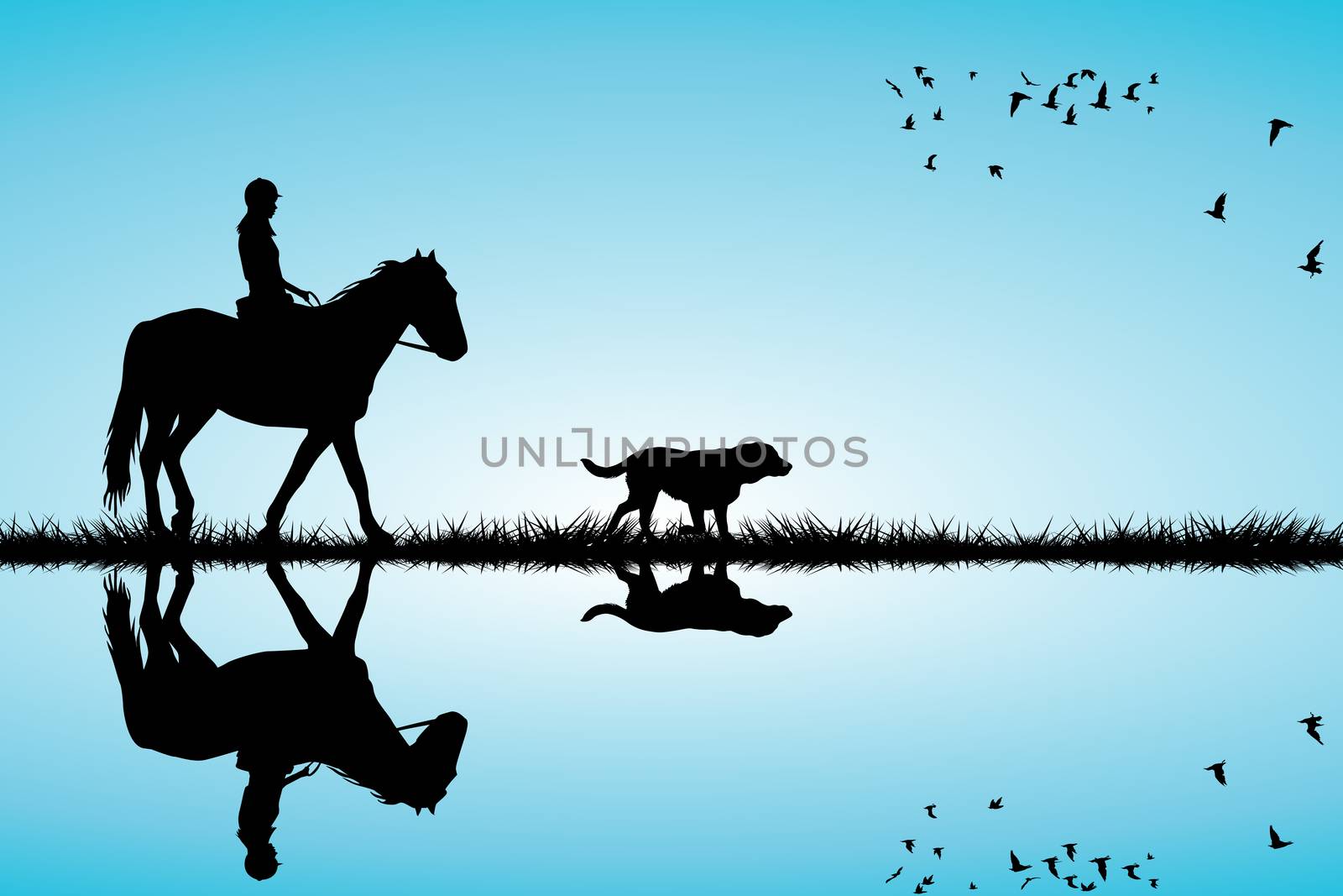 Woman riding a horse and dog silhouettes
