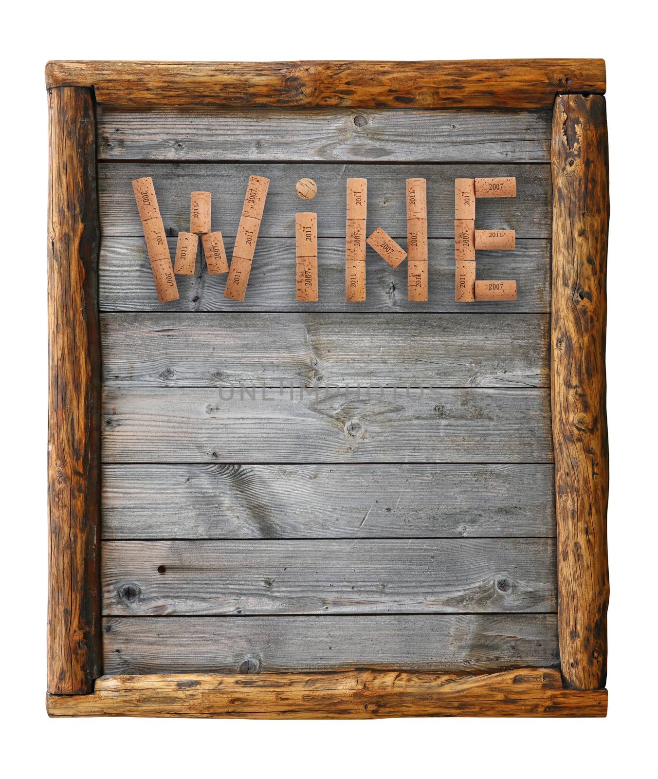 Word WINE shaped by natural wine bottle corks of different vintage years over background of old wooden planks in frame of wood logs