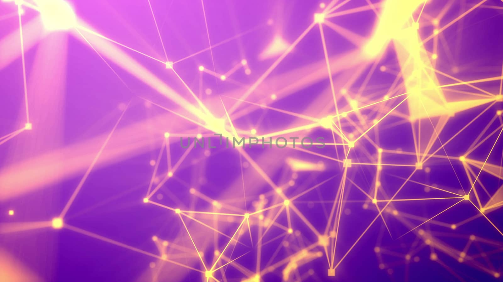 3D illustration of a mystifying cyberspace with wide yellow rays, thin and crisscross fiber tubes, crystal looking surfaces, triangular facets, luminous dots, in the light violet backgound  